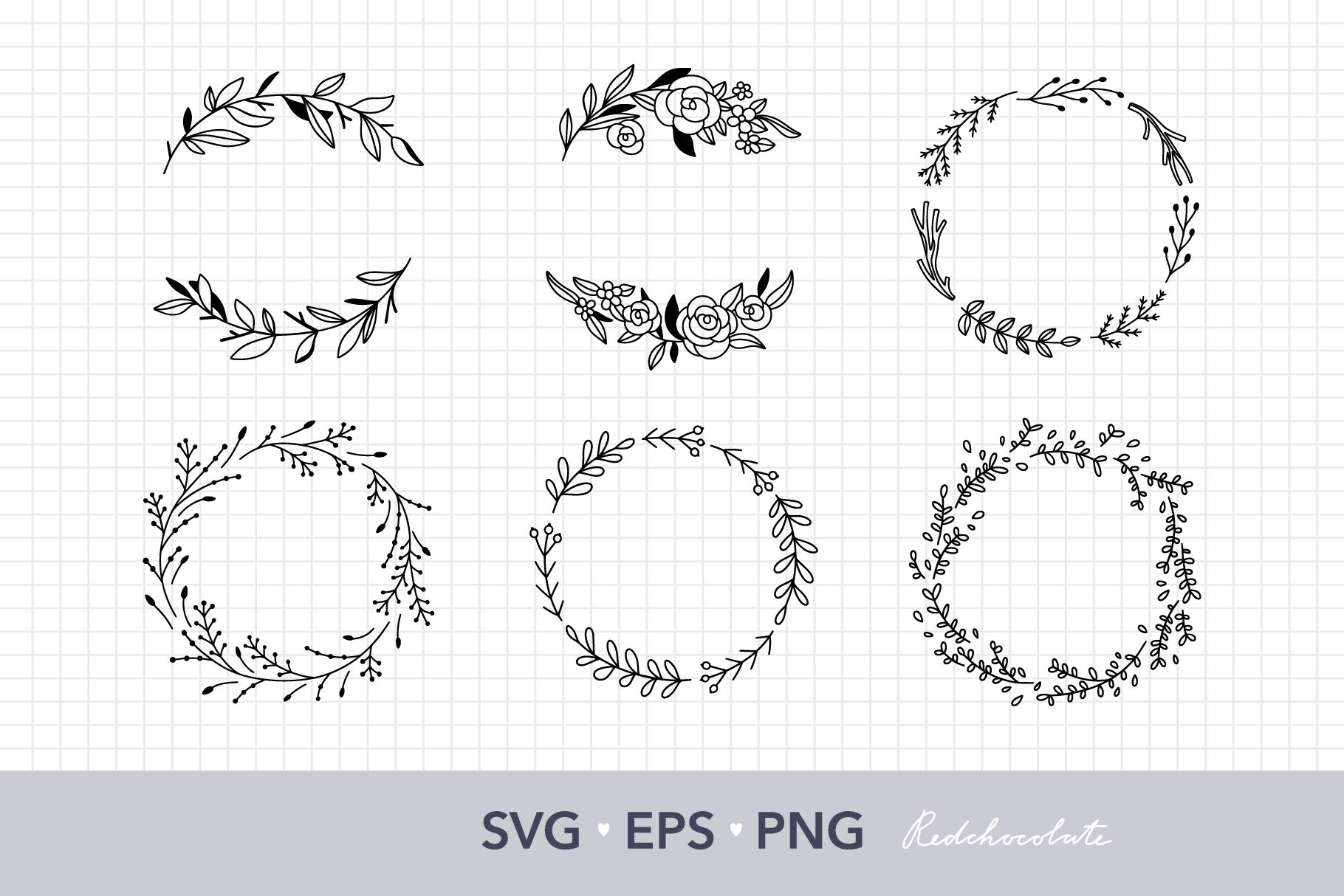 Floral Wreath Svg Clipart Set Hand Drawn Wreath Clipart Collection By Redchocolate Illustration Thehungryjpeg Com