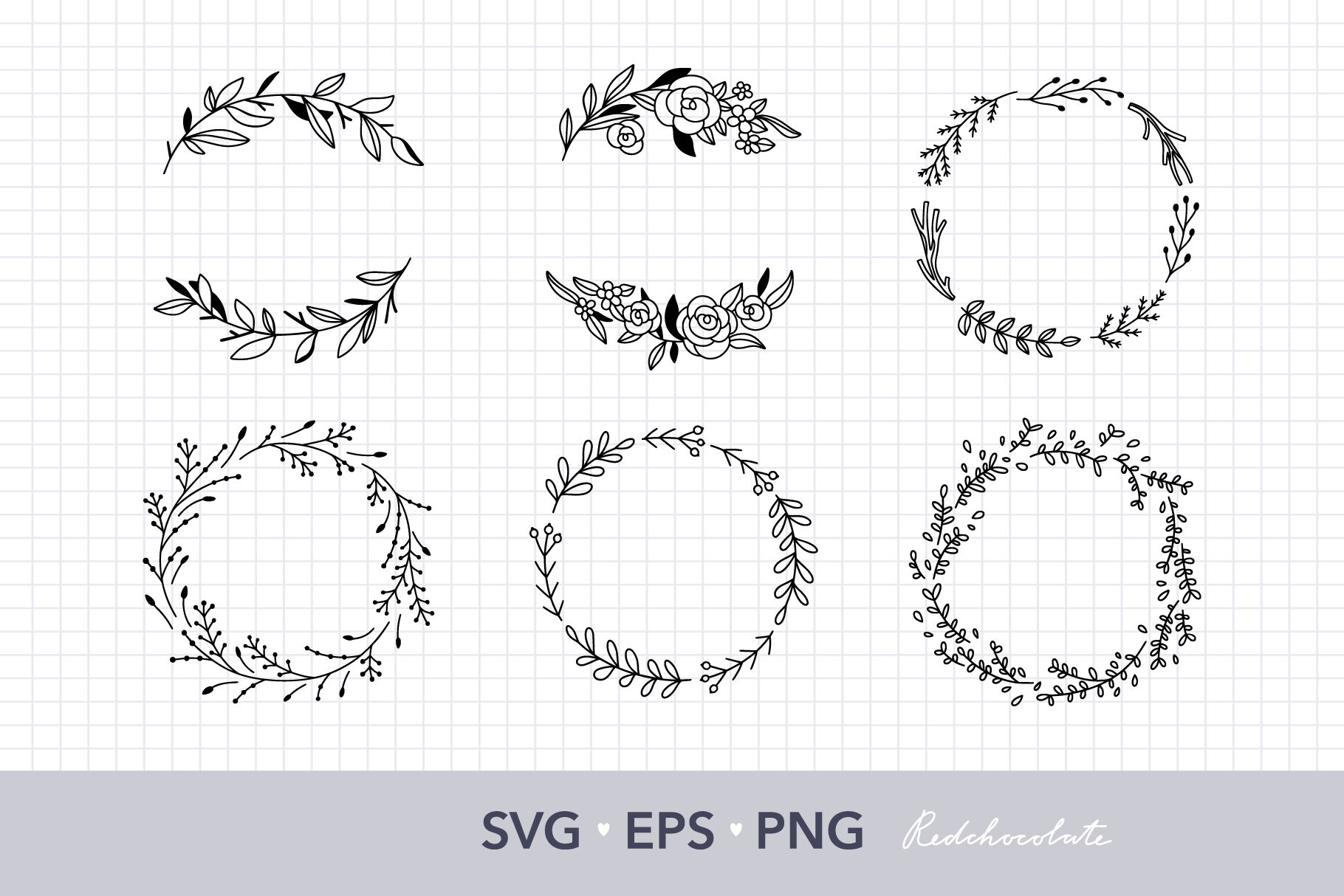 Floral Wreath Svg Clipart Set Hand Drawn Wreath Clipart Collection By ...