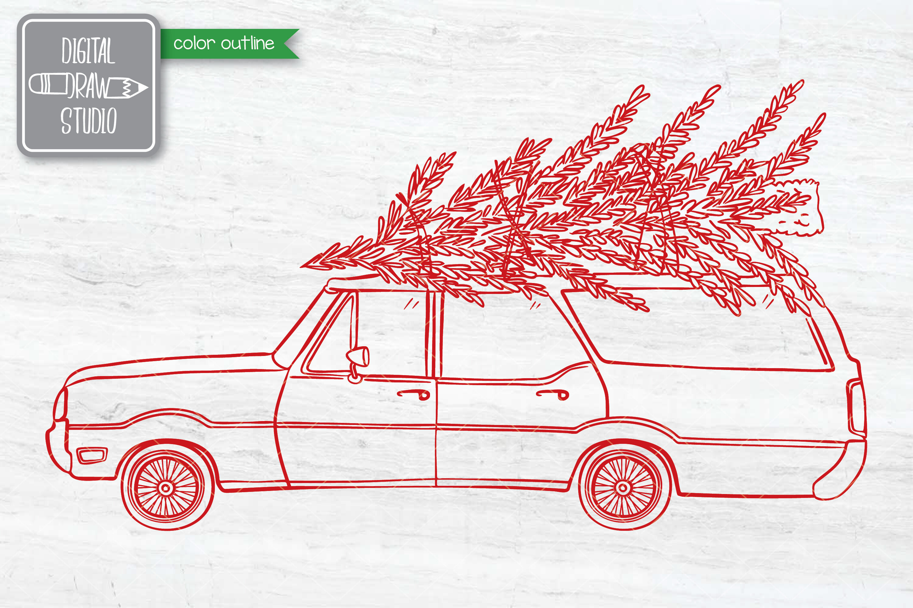 Colored Station Wagon Car With Christmas Tree On Roof Top Holiday By Digital Draw Studio Thehungryjpeg Com
