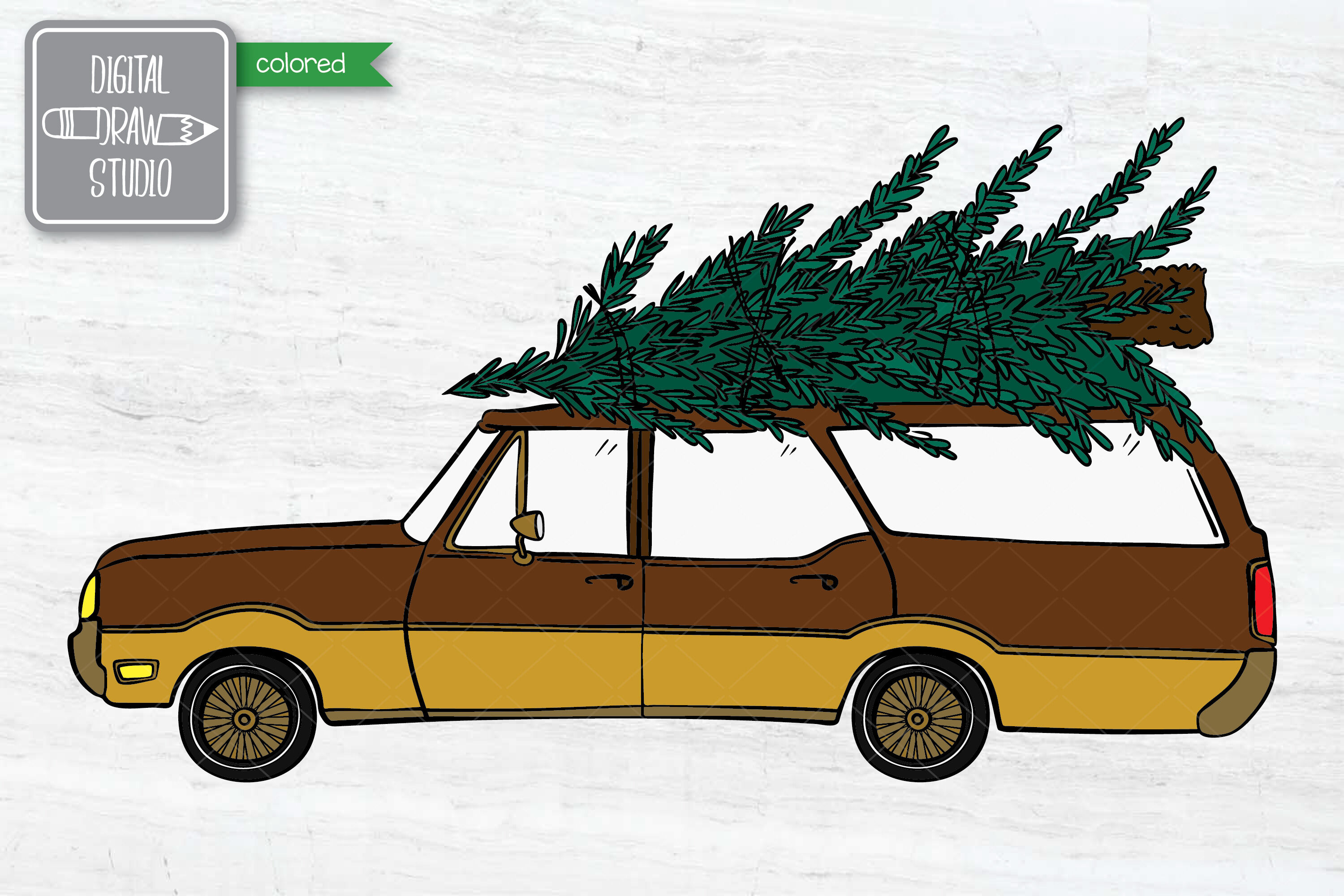 Colored Station Wagon Car with Christmas Tree on Roof Top Holiday By