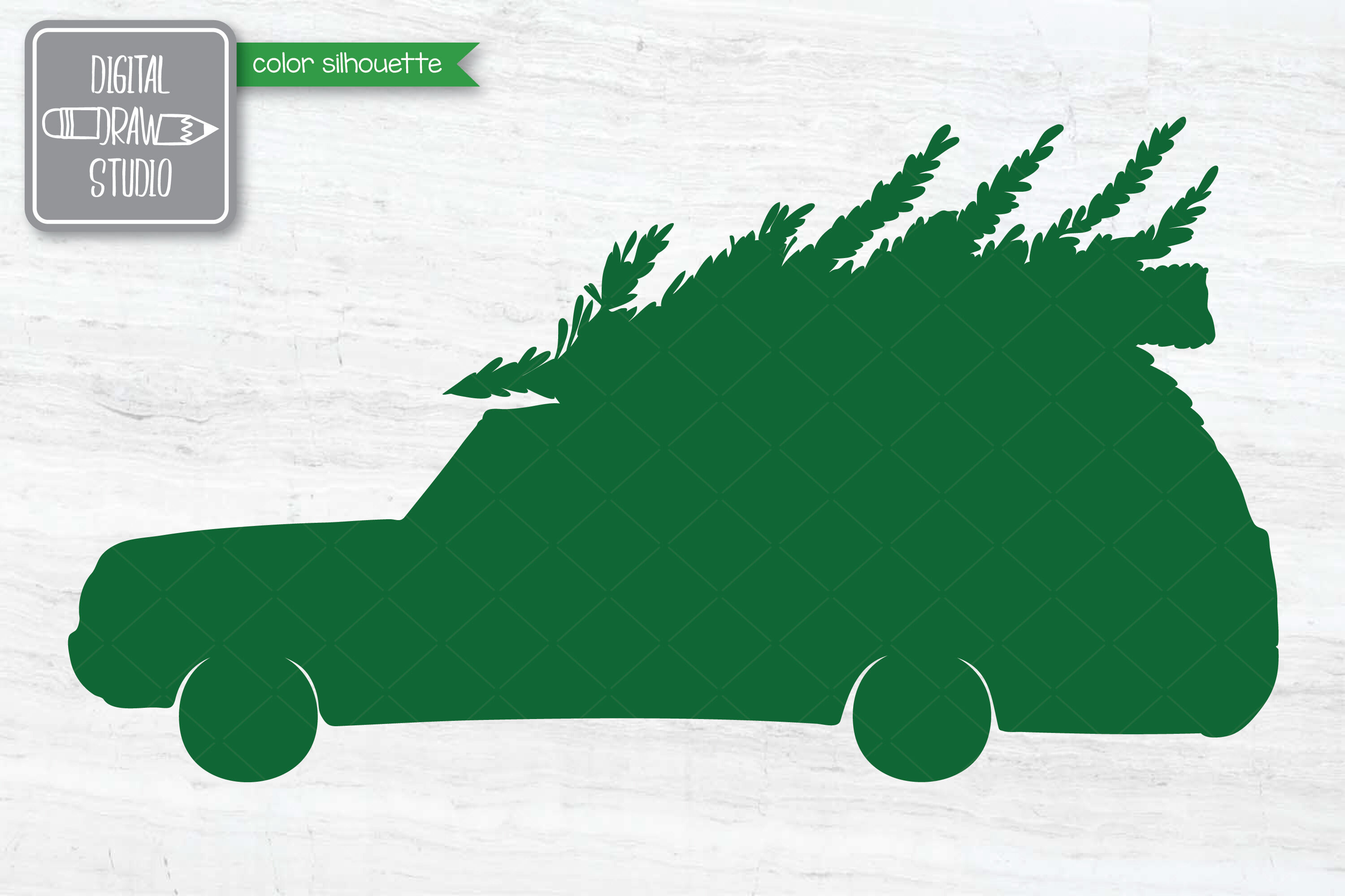 Colored Station Wagon Car with Christmas Tree on Roof Top Holiday By