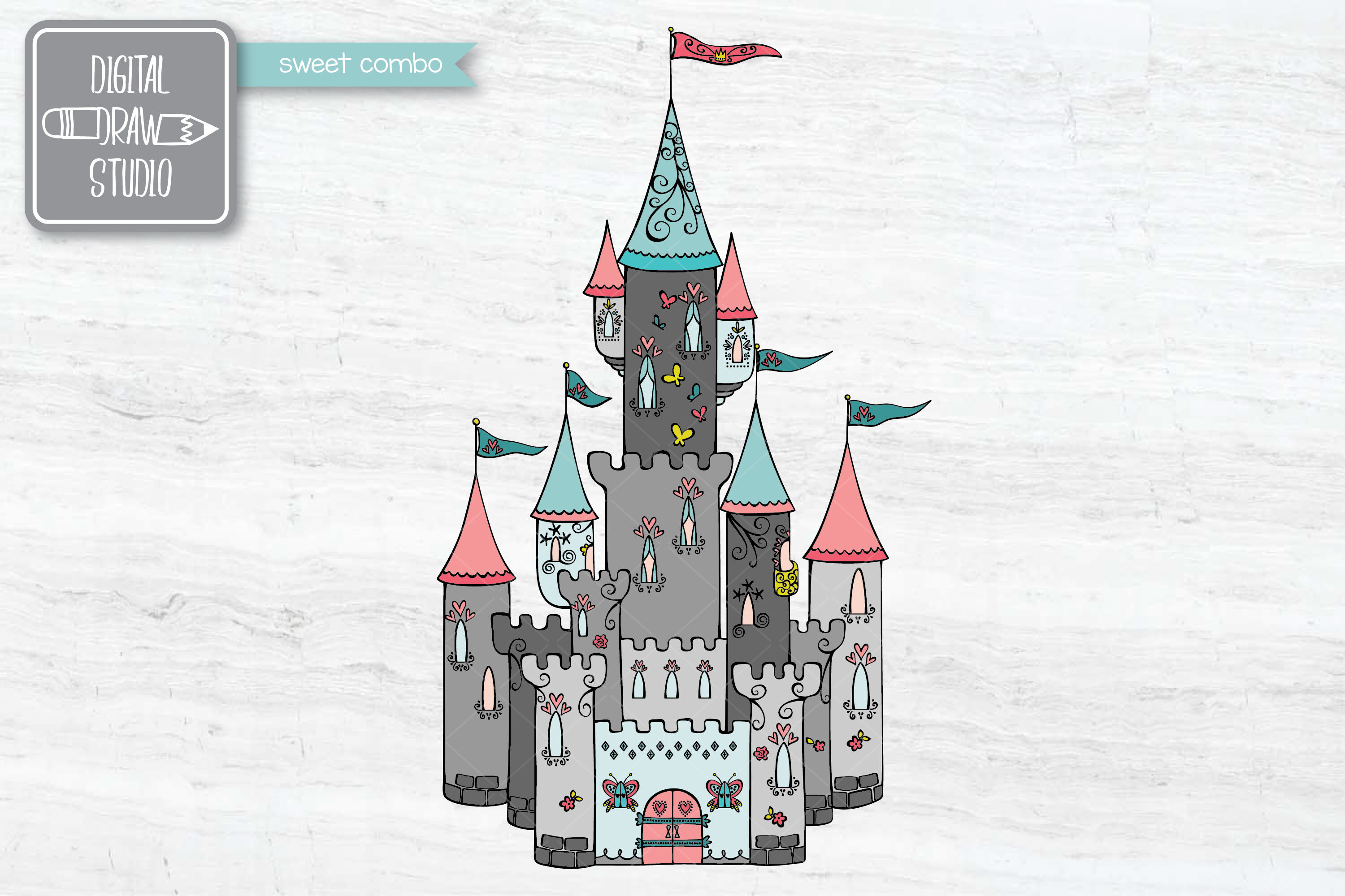 Hand Drawn Castle Colored Princess Royal Palace By Digital Draw Studio Thehungryjpeg Com