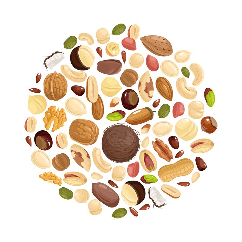 Nuts background. Various nuts in circle form. Peanut, hazelnut and pis ...