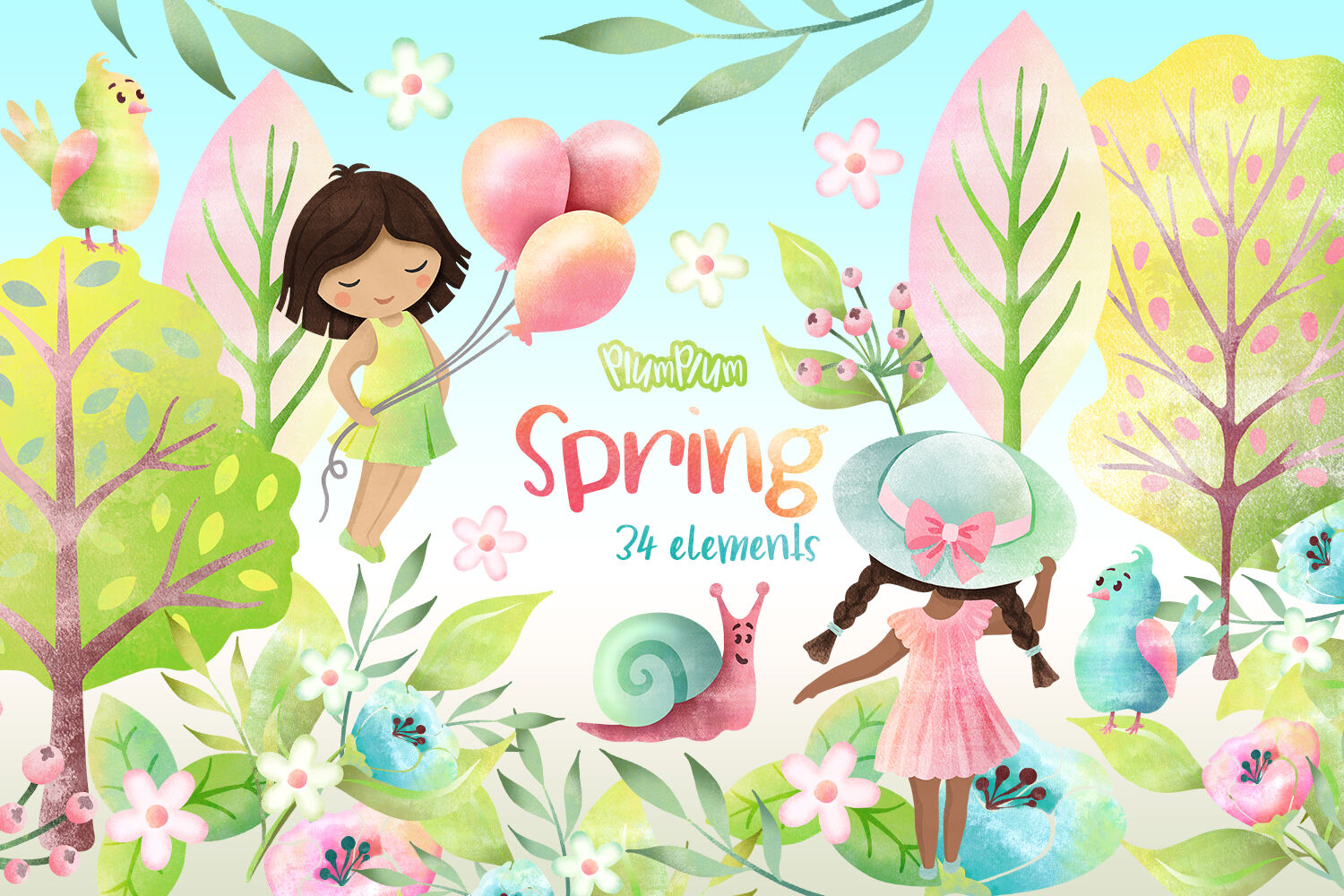 Spring Watercolor Cliparts By PlumPlumGraphics | TheHungryJPEG