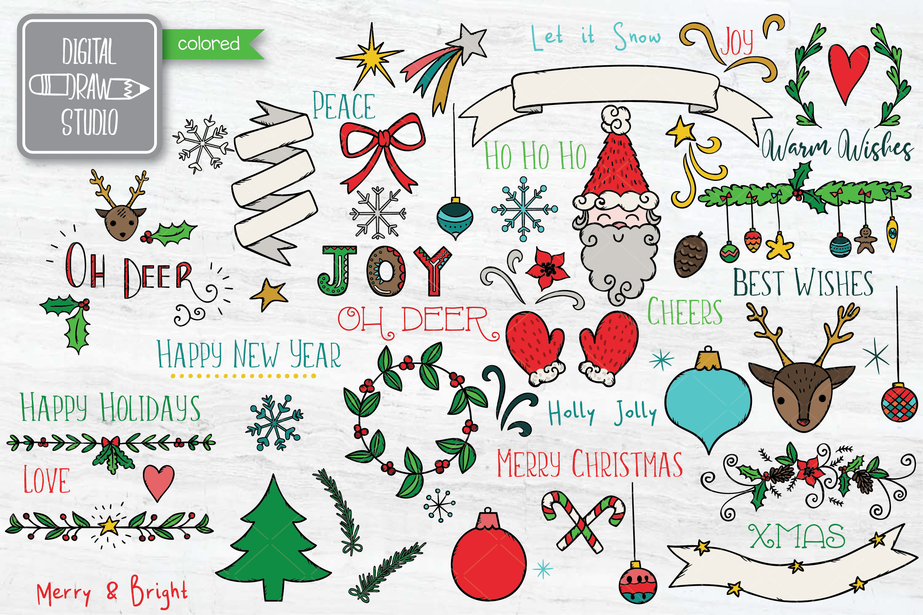 Christmas Elements Color Hand Drawn Ornaments Decorative Holiday By Digital Draw Studio Thehungryjpeg Com