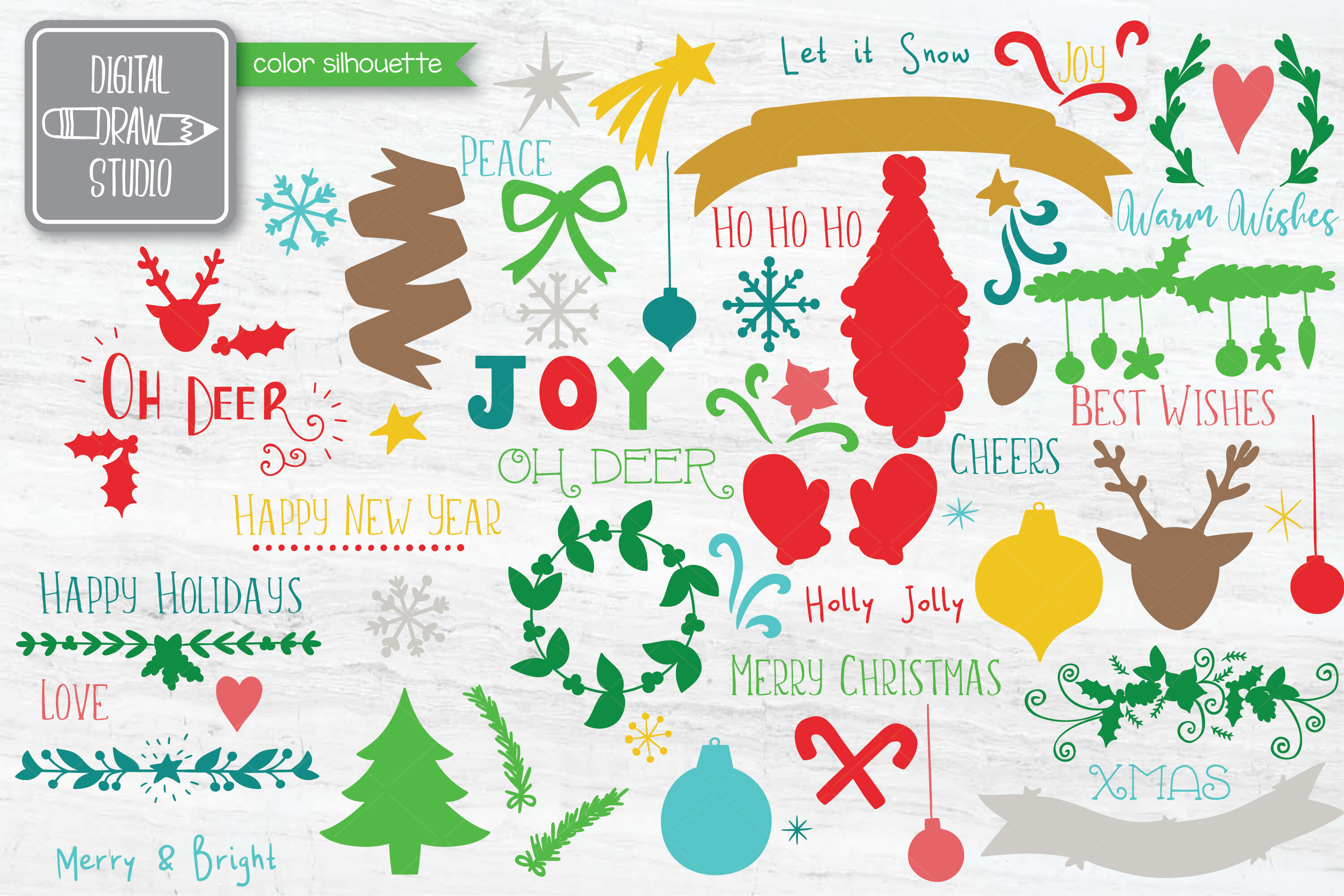 Christmas Elements Color Hand Drawn Ornaments Decorative Holiday By Digital Draw Studio Thehungryjpeg Com