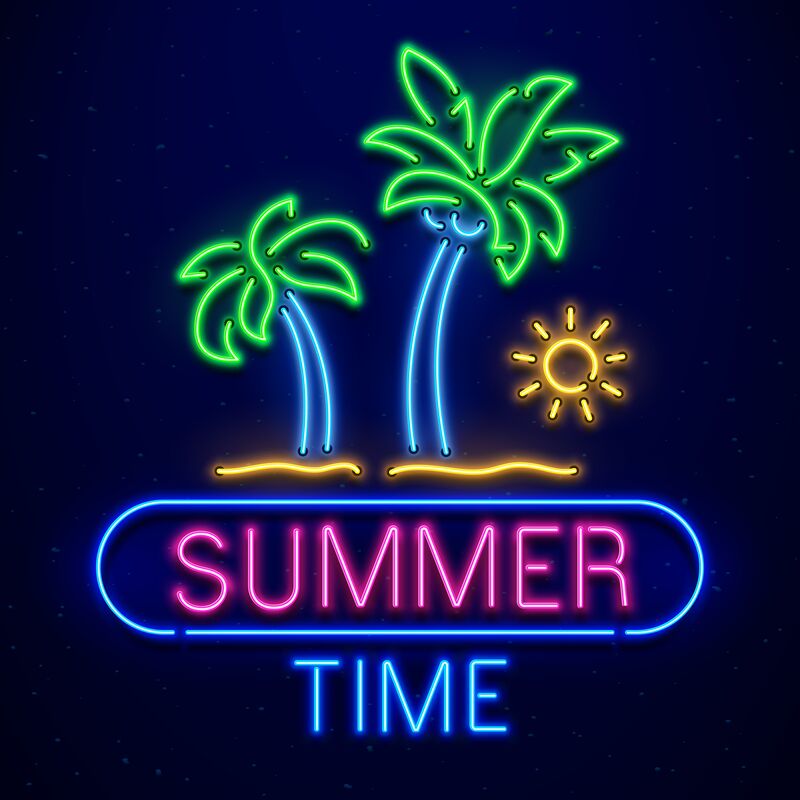Summer Time Neon Sign Palm Trees On Sand Beach Sun Isolated On Dark By Tartila Thehungryjpeg Com