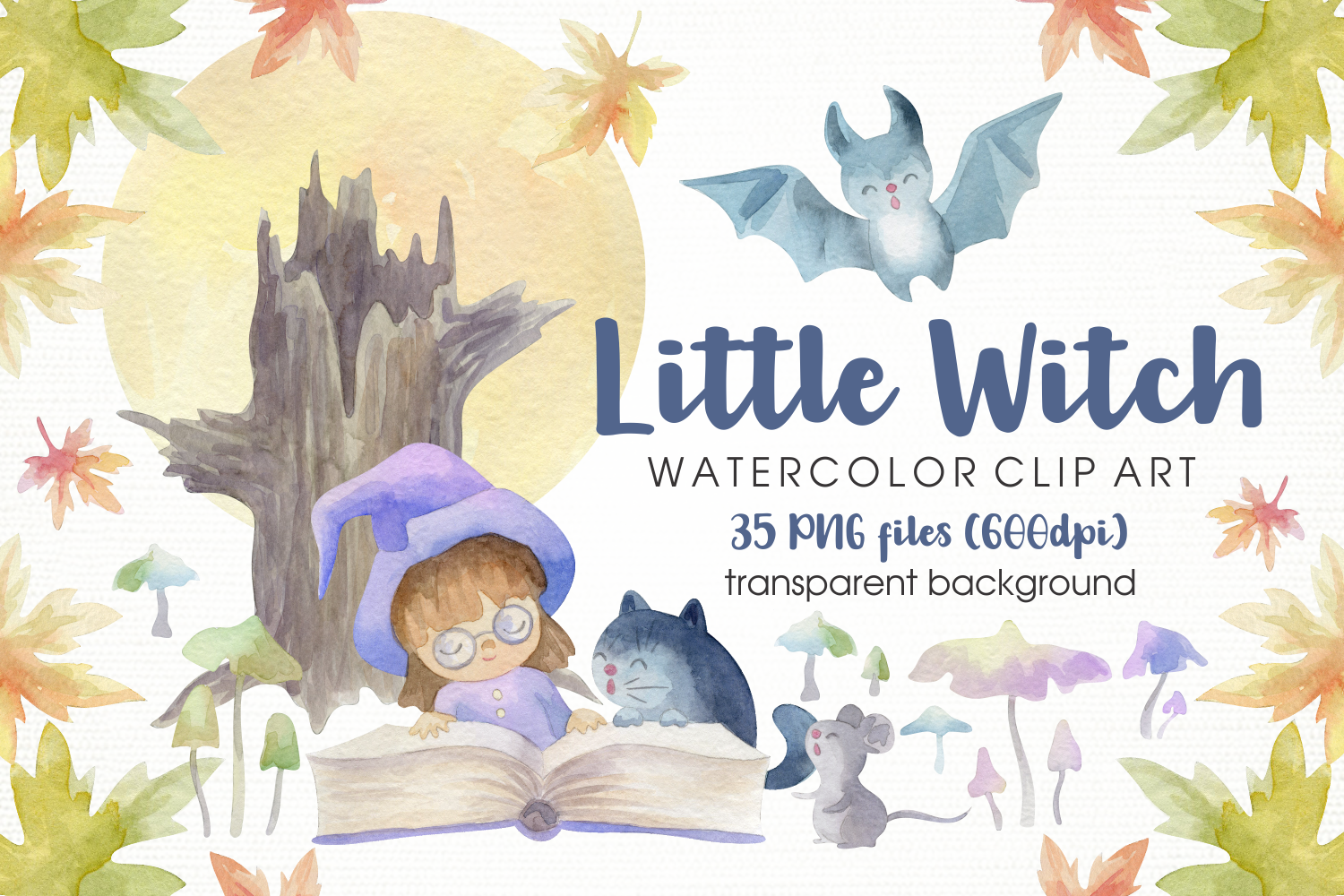 Little Witch And Cat Halloween Watercolor Clip Art By Olga Belova Thehungryjpeg Com