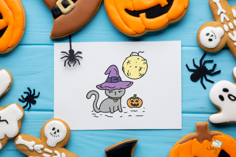 Funny Halloween Cat In A Hat With The Moon Pumpkin And A Mouse By Artsbynaty Thehungryjpeg Com