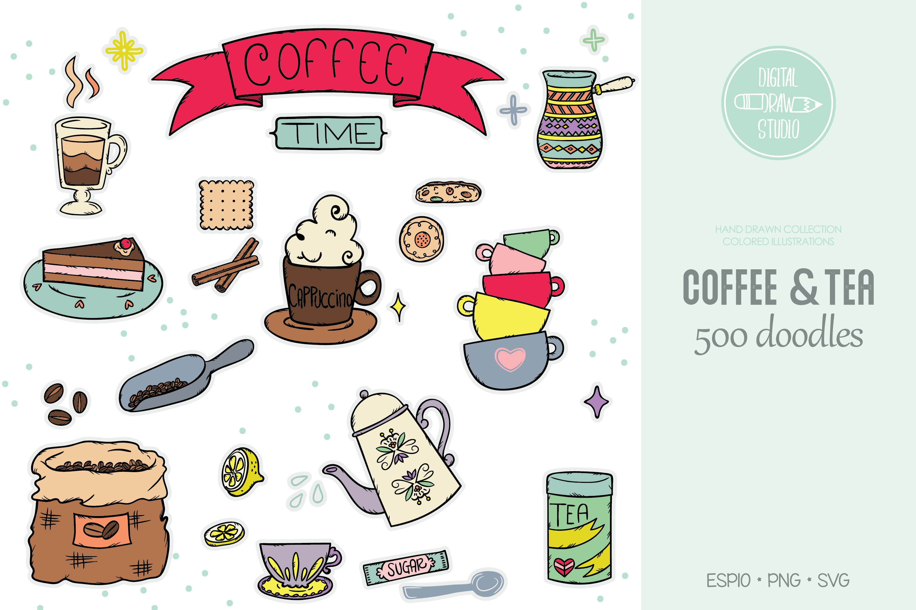 Coffee Tea Color Illustrations Cookies Espresso Machine Cups By Digital Draw Studio Thehungryjpeg Com