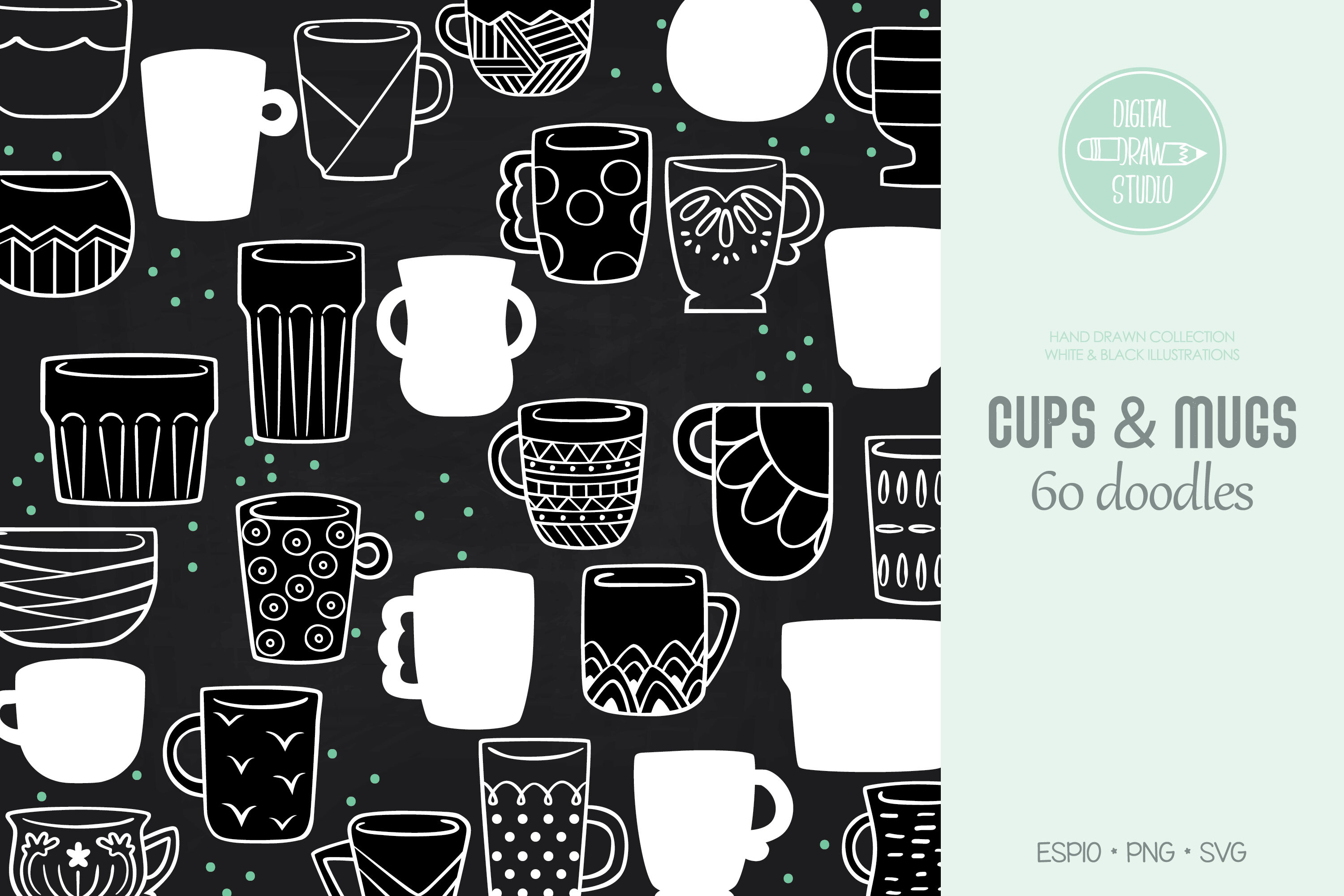 Coffee Cups White Illustrations Hand Drawn Decorated Tea Mugs By Digital Draw Studio Thehungryjpeg Com