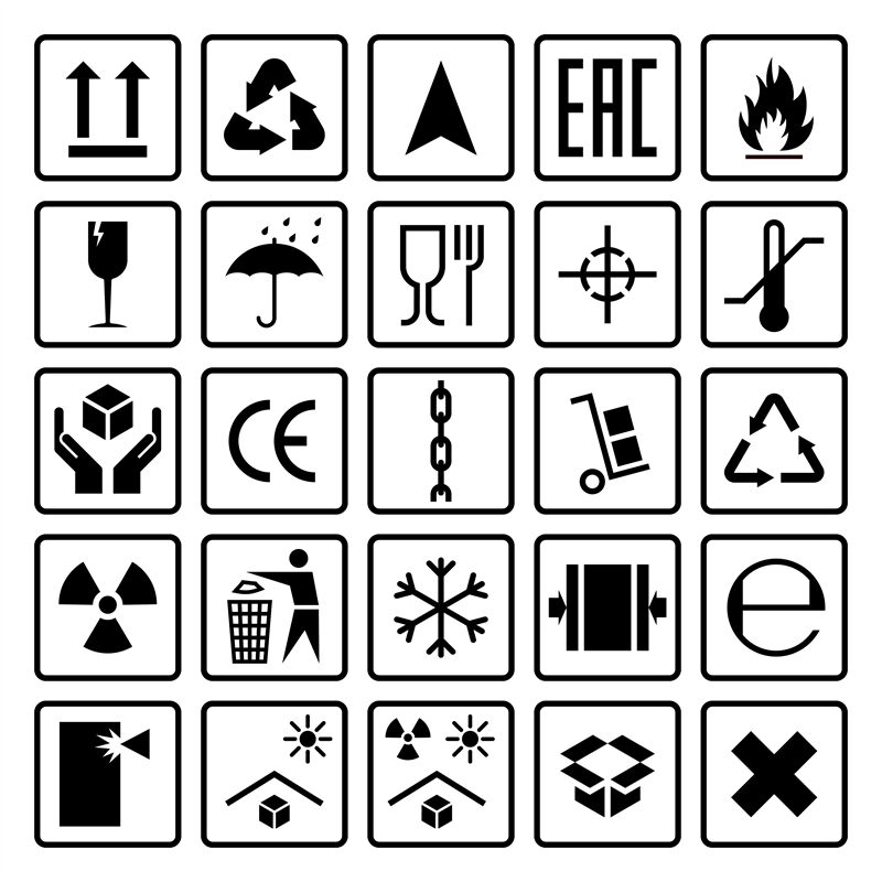 Packaging symbols. Shipping cargo signs fragile, flammable, this side ...