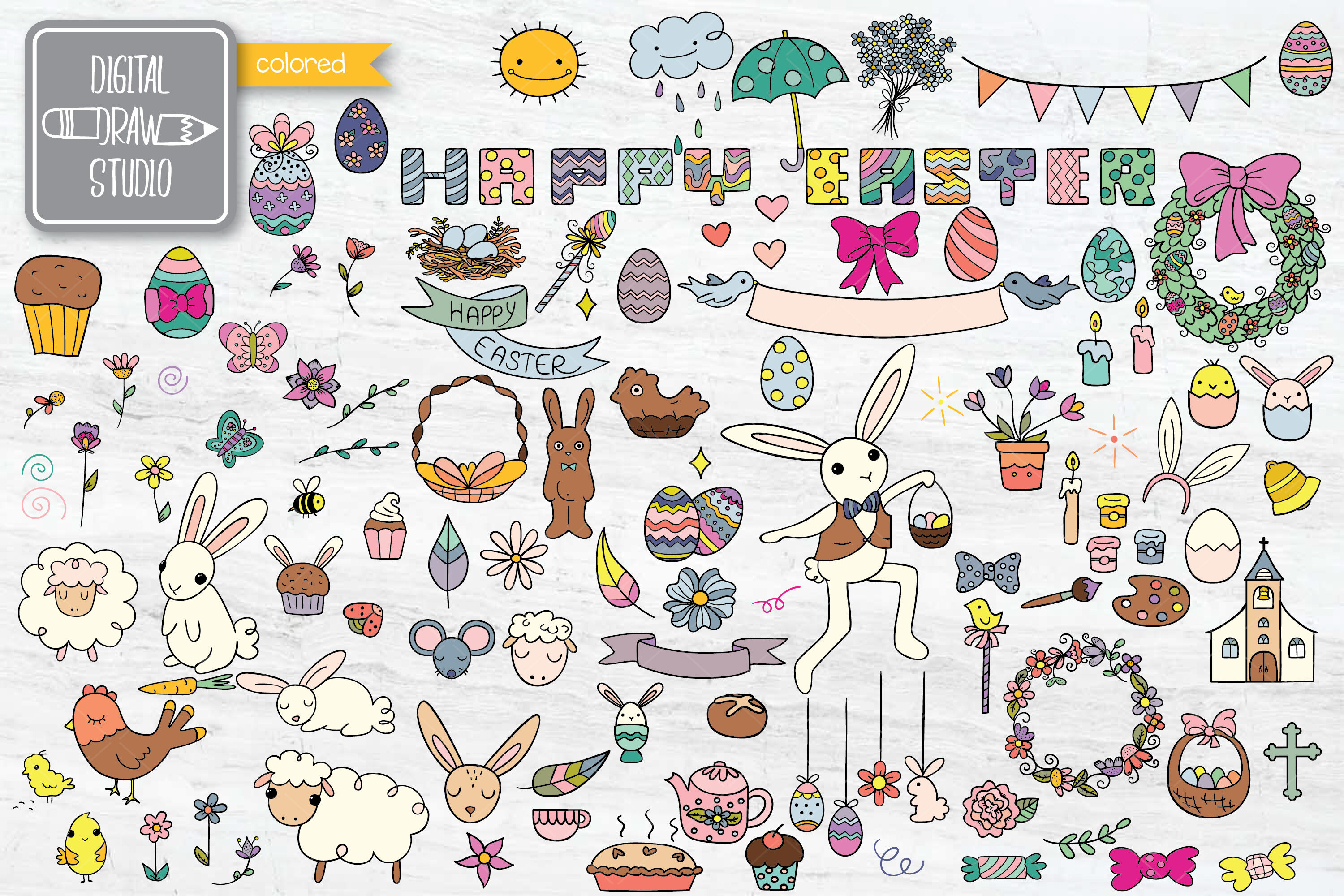 Easter Holiday Colored Doodle | Hand Drawn Decorated Egg, Bunny, Sheep ...