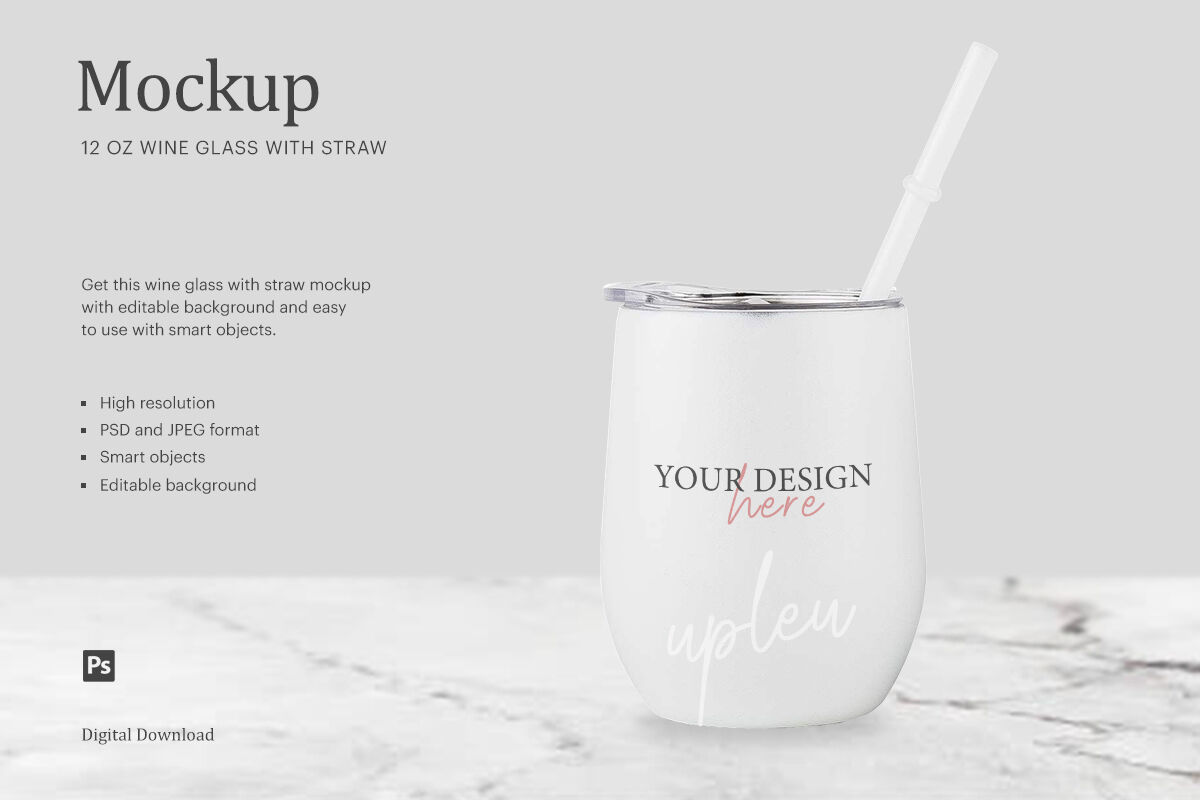 Download 12oz White Insulated Wine Glass With Straw Mockup By ...