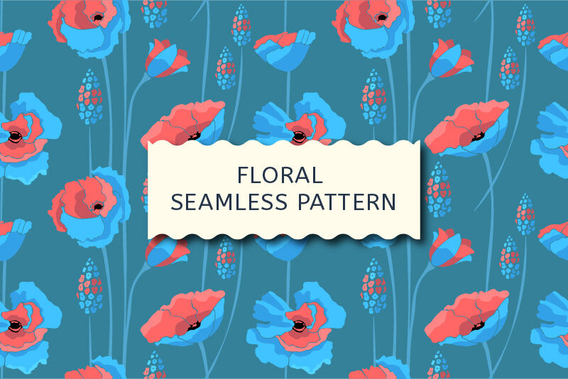 Floral pattern. Blue, coral color flowers. By KAZZZAK | TheHungryJPEG