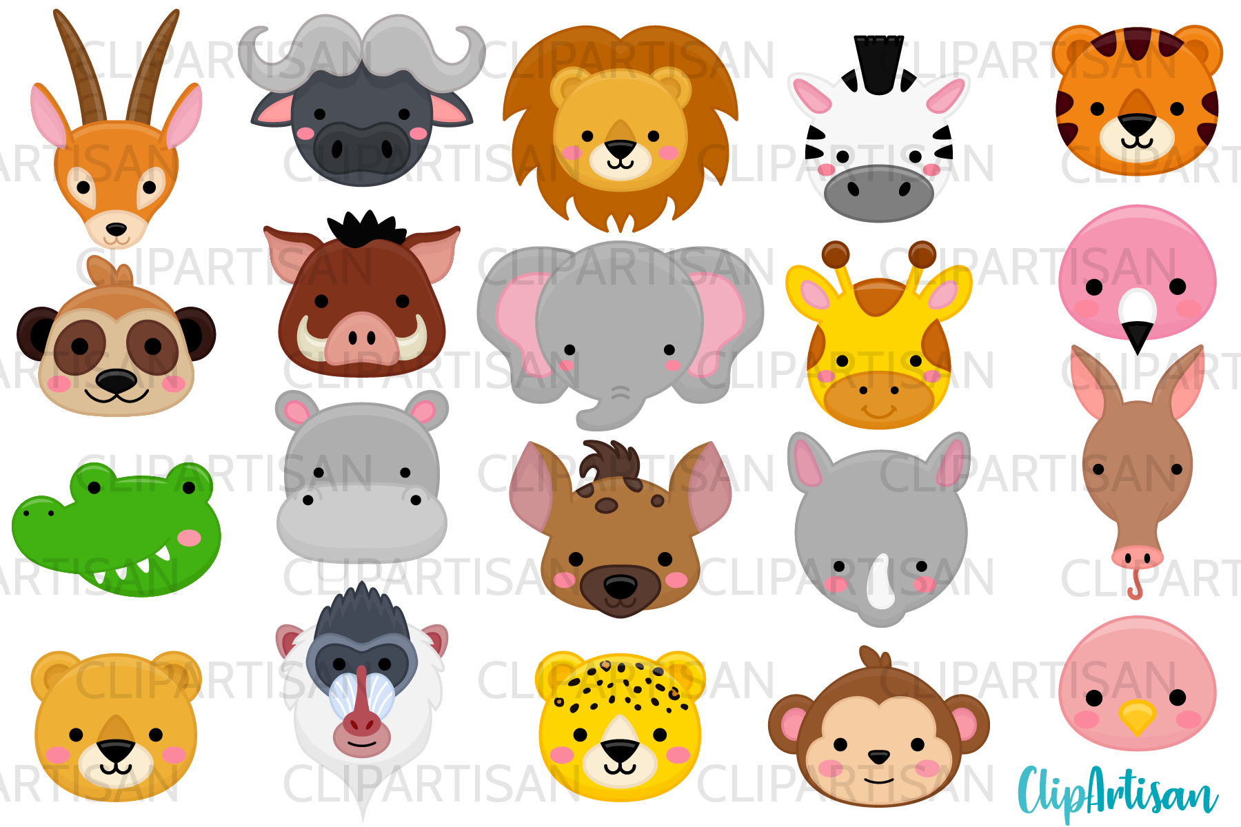 African Animal Faces Clipart, Safari Animals, Zoo Animals By ClipArtisan |  TheHungryJPEG