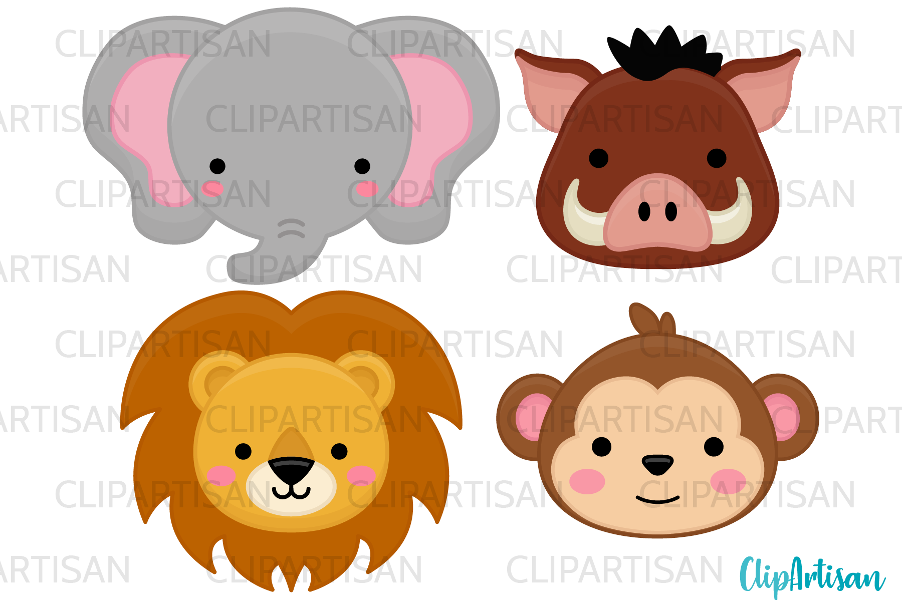By　ClipArtisan　Animal　Clipart,　Safari　Animals　Zoo　Animals,　Faces　African　TheHungryJPEG
