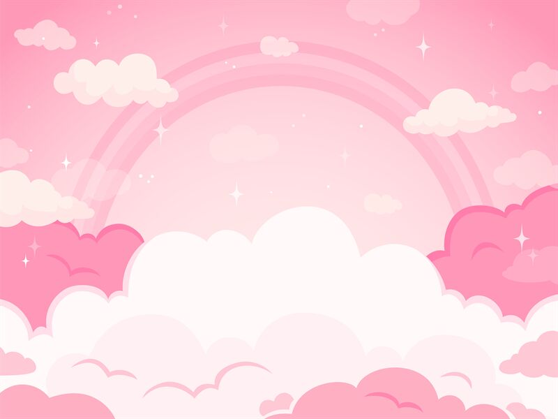 Pink fairytale sky background with stars and rainbow. White and pastel ...