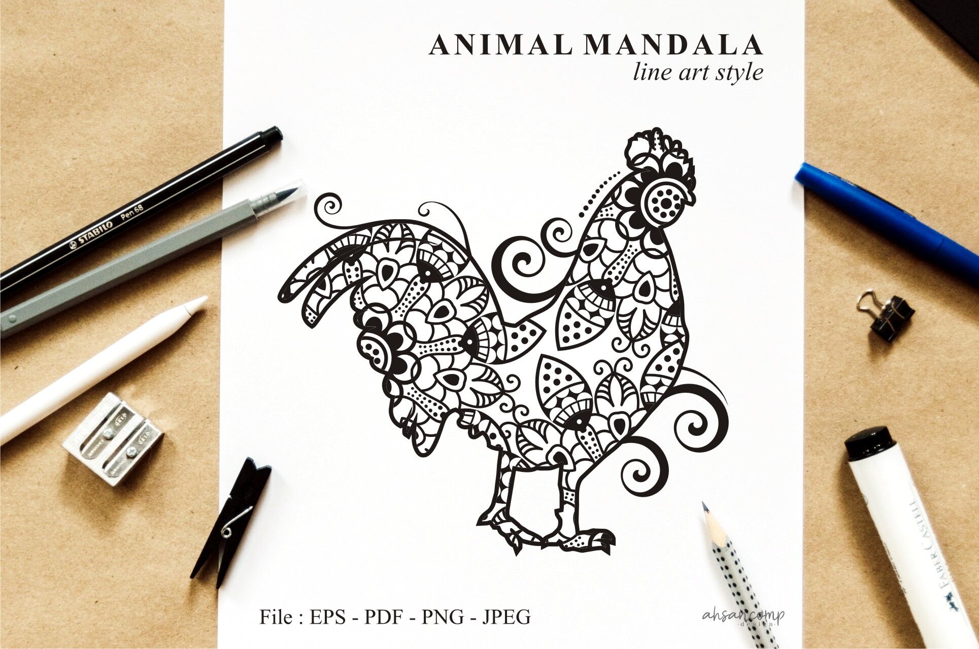 Download Rooster Mandala Vector Line Art Style 02 By Ahsancomp Studio Thehungryjpeg Com