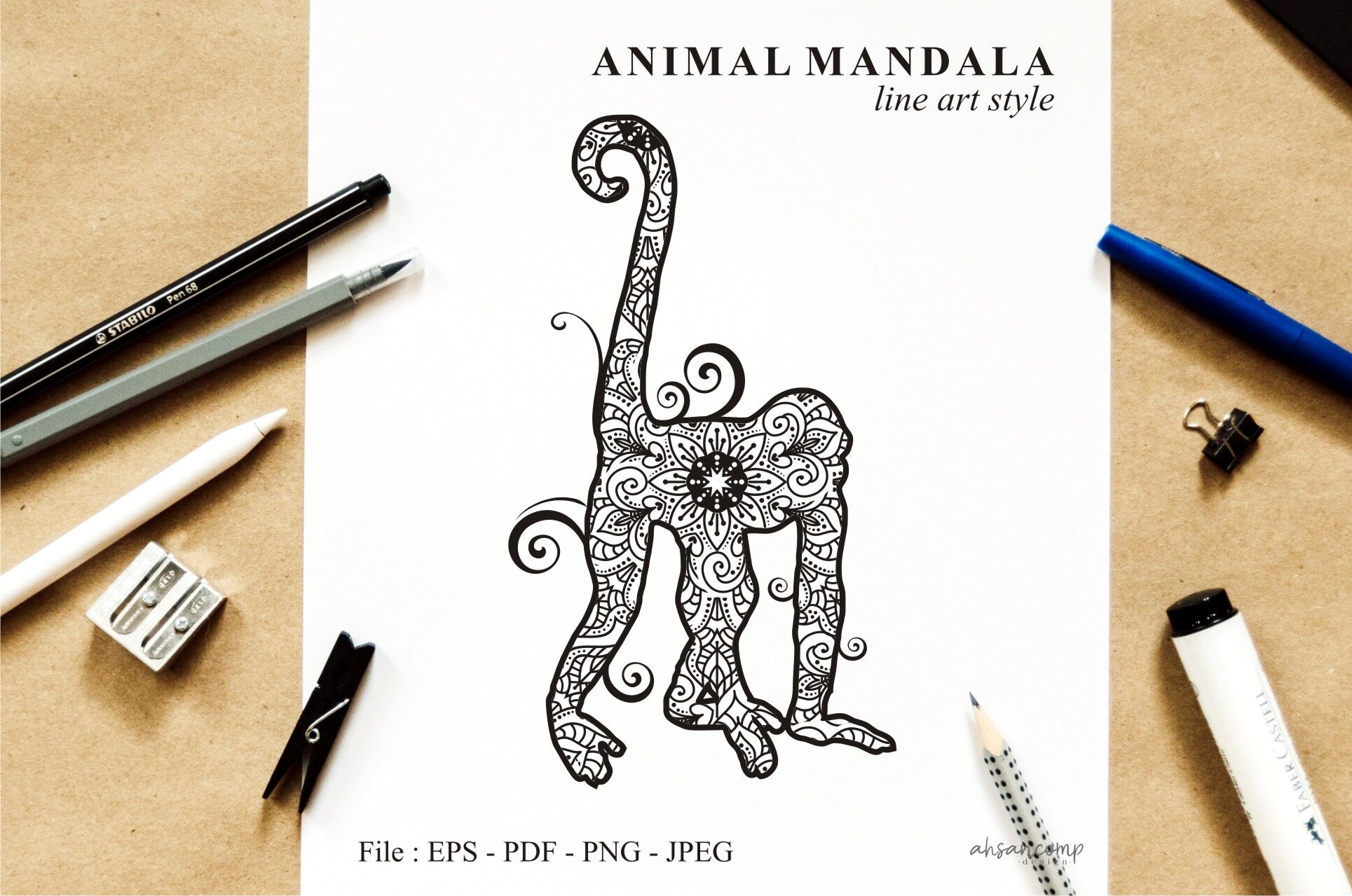 Download Monkey Mandala Vector Line Art Style 03 By Ahsancomp Studio | TheHungryJPEG.com