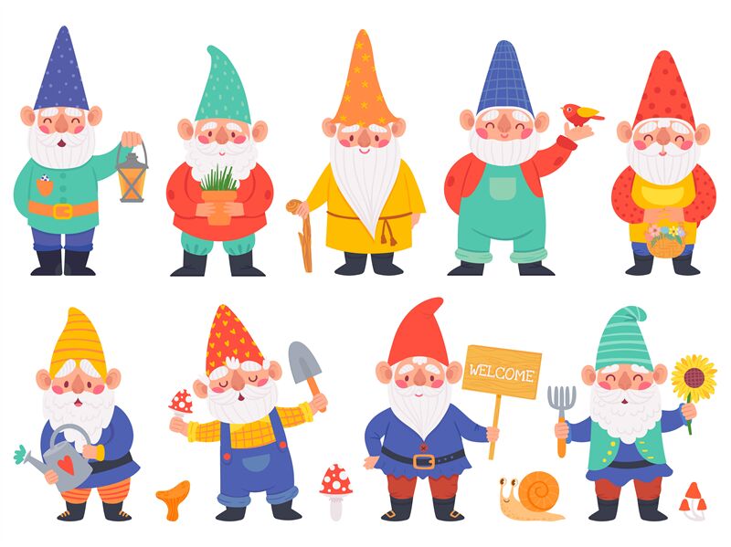 Gnome characters. Cute gnomes with beard funny garden decoration, ador ...