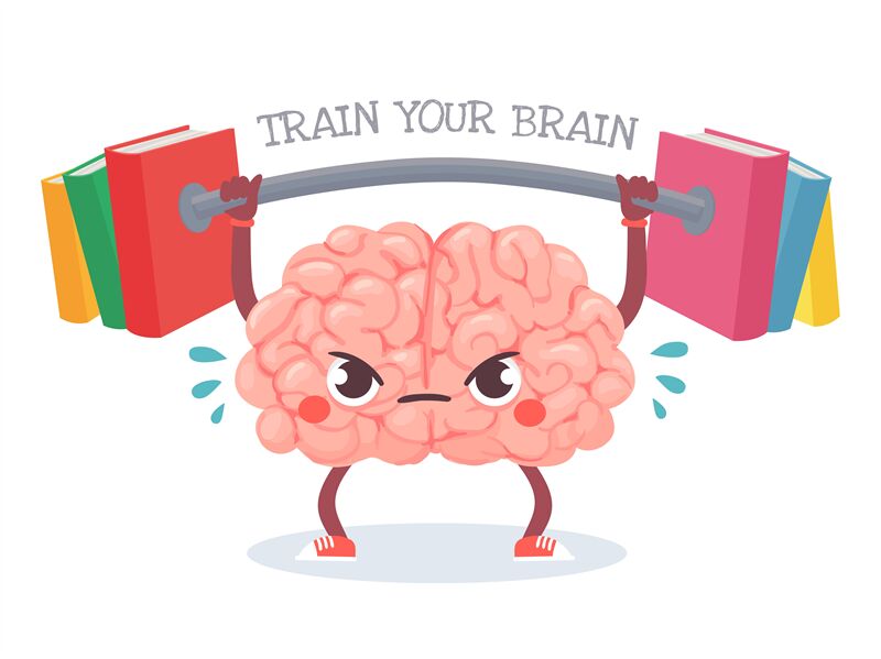 Brain training. Cartoon brain lifts weight with books. Train your memo ...