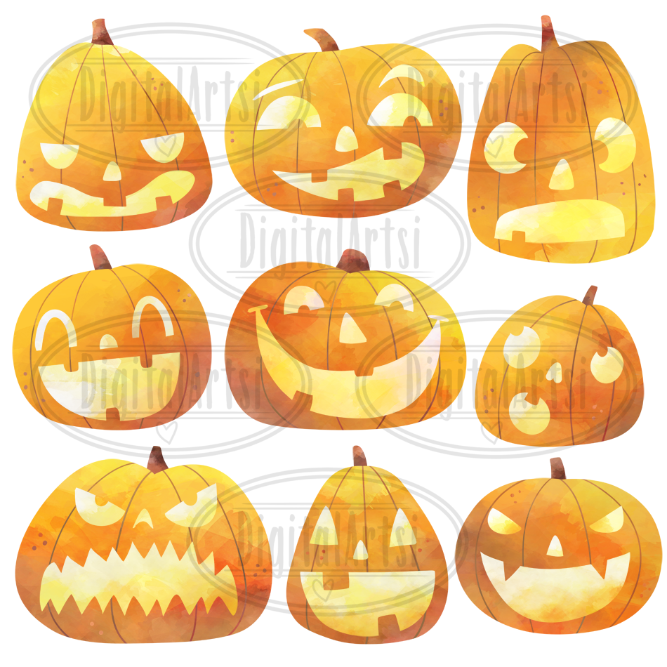 Watercolor Halloween Clipart Pumpkin Black Cat Witch PNG Commercial Use Instant Download Clip Art Jack o Lantern Candy Ghost