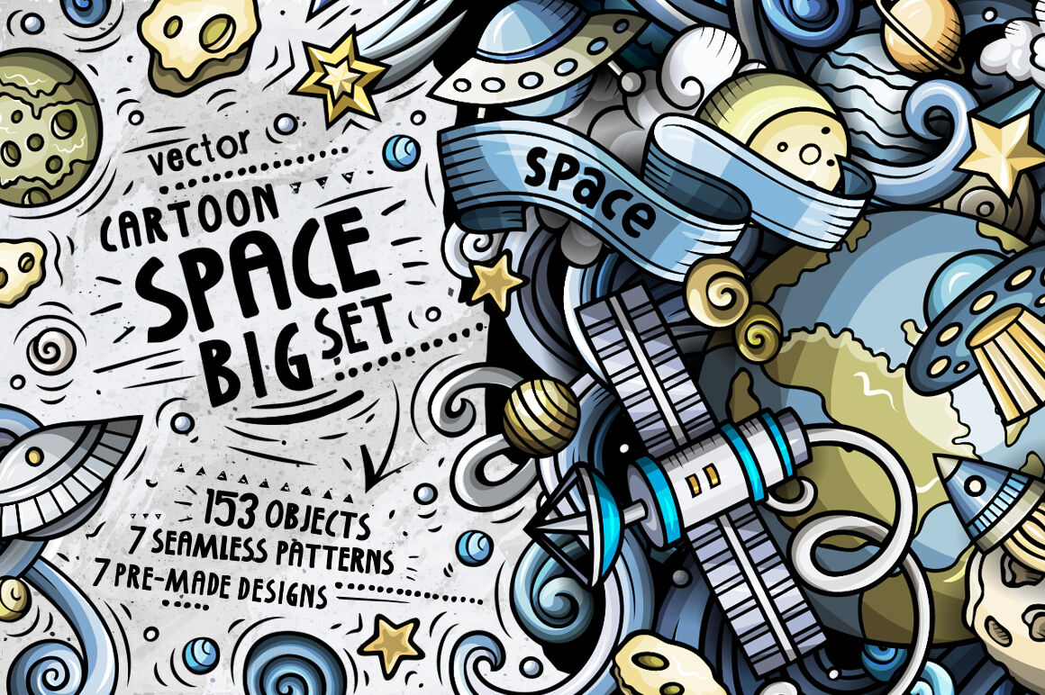 Space Cartoon Doodle Big Pack By Balabolka Thehungryjpeg Com