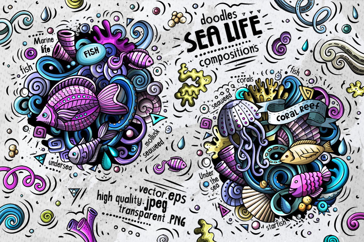 Sea Life Cartoon Doodle Big Pack By Balabolka Thehungryjpeg Com