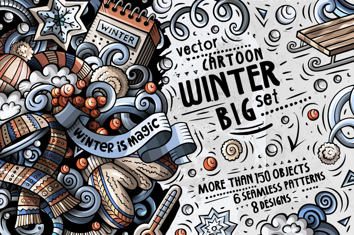 Winter Cartoon Doodle Big Pack By Balabolka Thehungryjpeg Com