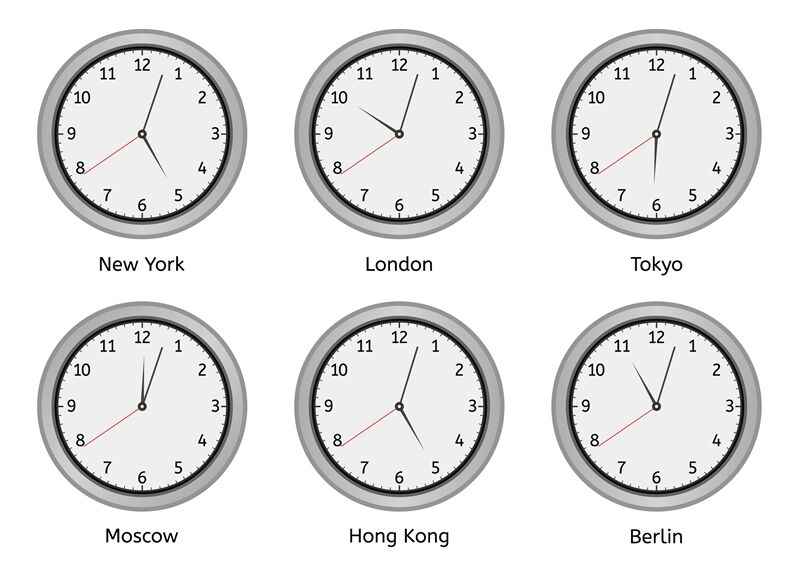 Time zone clocks. Modern wall round clock face, time zones day and