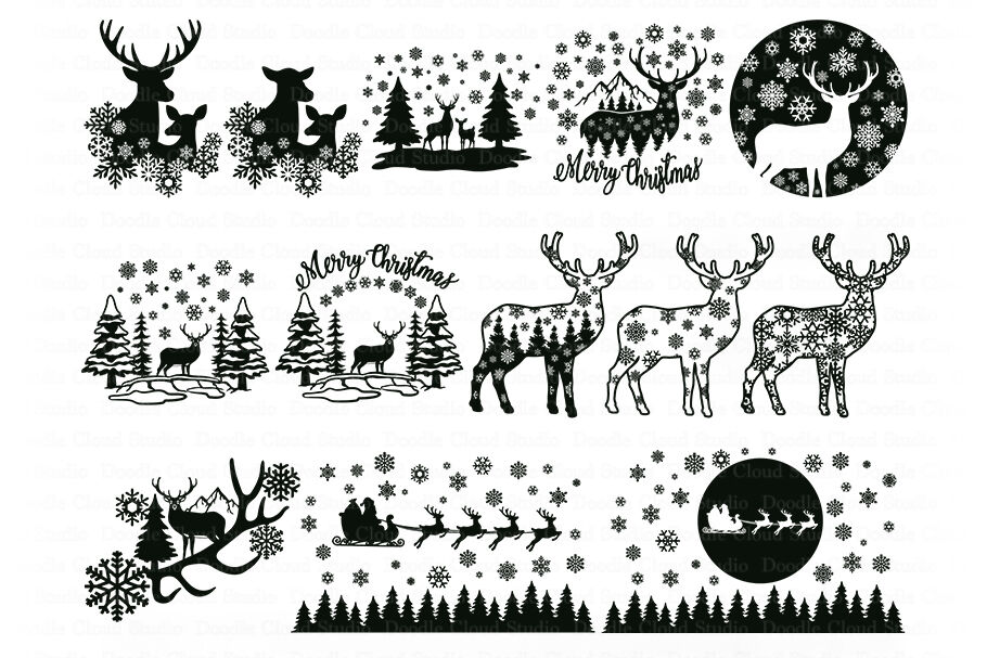 Christmas Scene With Deer Bundle Svg Deer Svgwinter Scene With Deer By Doodle Cloud Studio Thehungryjpeg Com