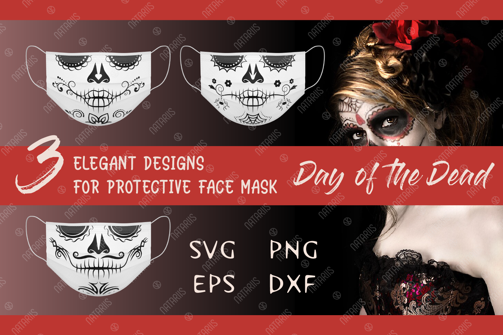 Download Svg Bundle 3 Elegant Sugar Skulls Designs For Face Mask By Natariis Studio Thehungryjpeg Com