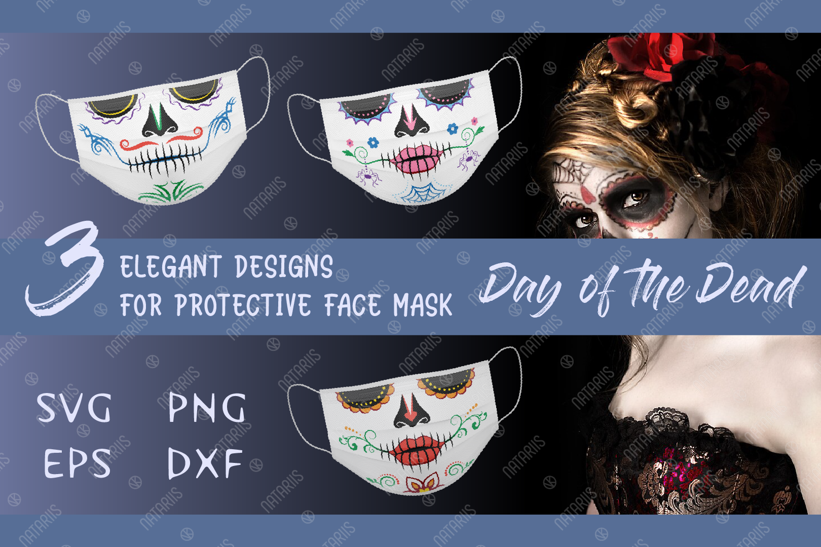 Download Svg Bundle 3 Elegant Sugar Skulls Designs For Face Mask By Natariis Studio Thehungryjpeg Com