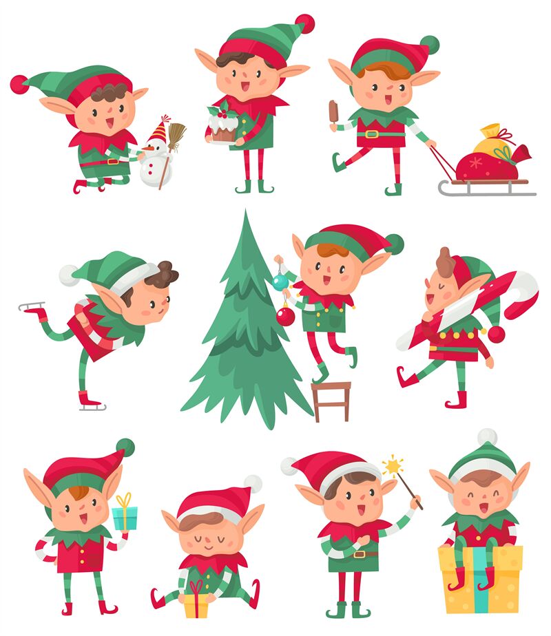 Christmas elf. Santa Claus cute fantasy helpers, adorable elves with h ...