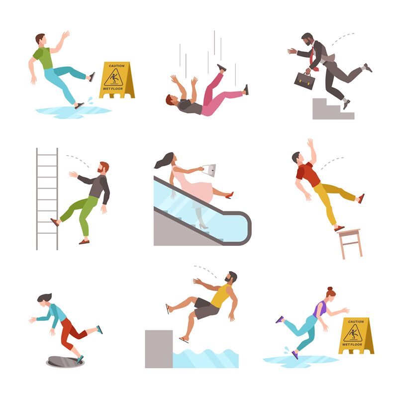 Falling people. Fall down stairs, slipping wet staircase or floor, stu ...