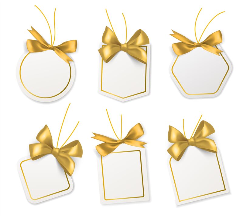 Tags with gold bows. Blank white price paper labels with golden ribbon By  YummyBuum