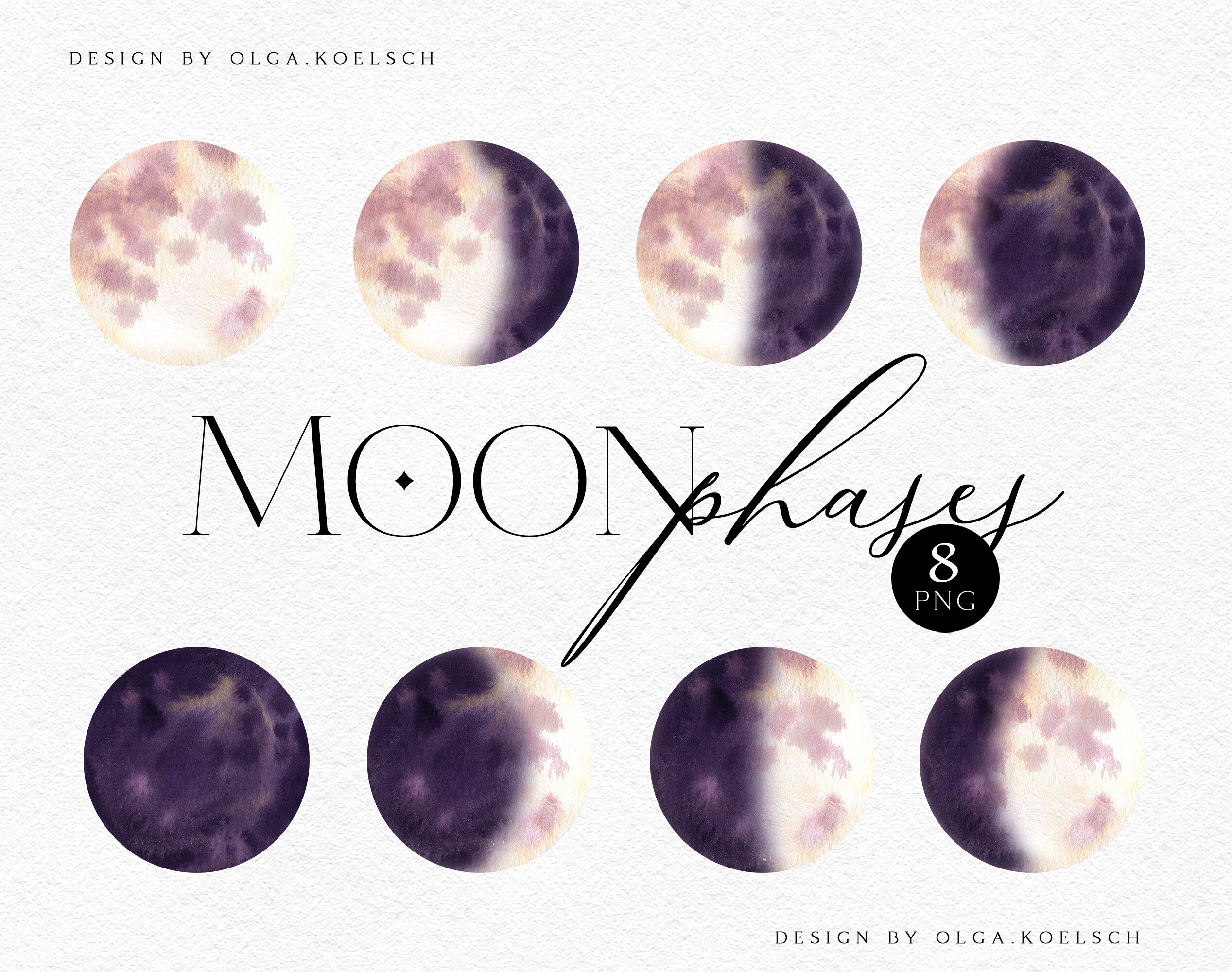 Watercolor Moon Phases Clipart Modern Celestial Clipart Moon Phases By