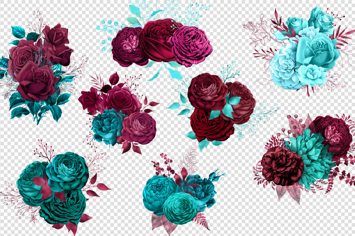 Turquoise and Burgundy Floral Bouquets By Digital Curio
