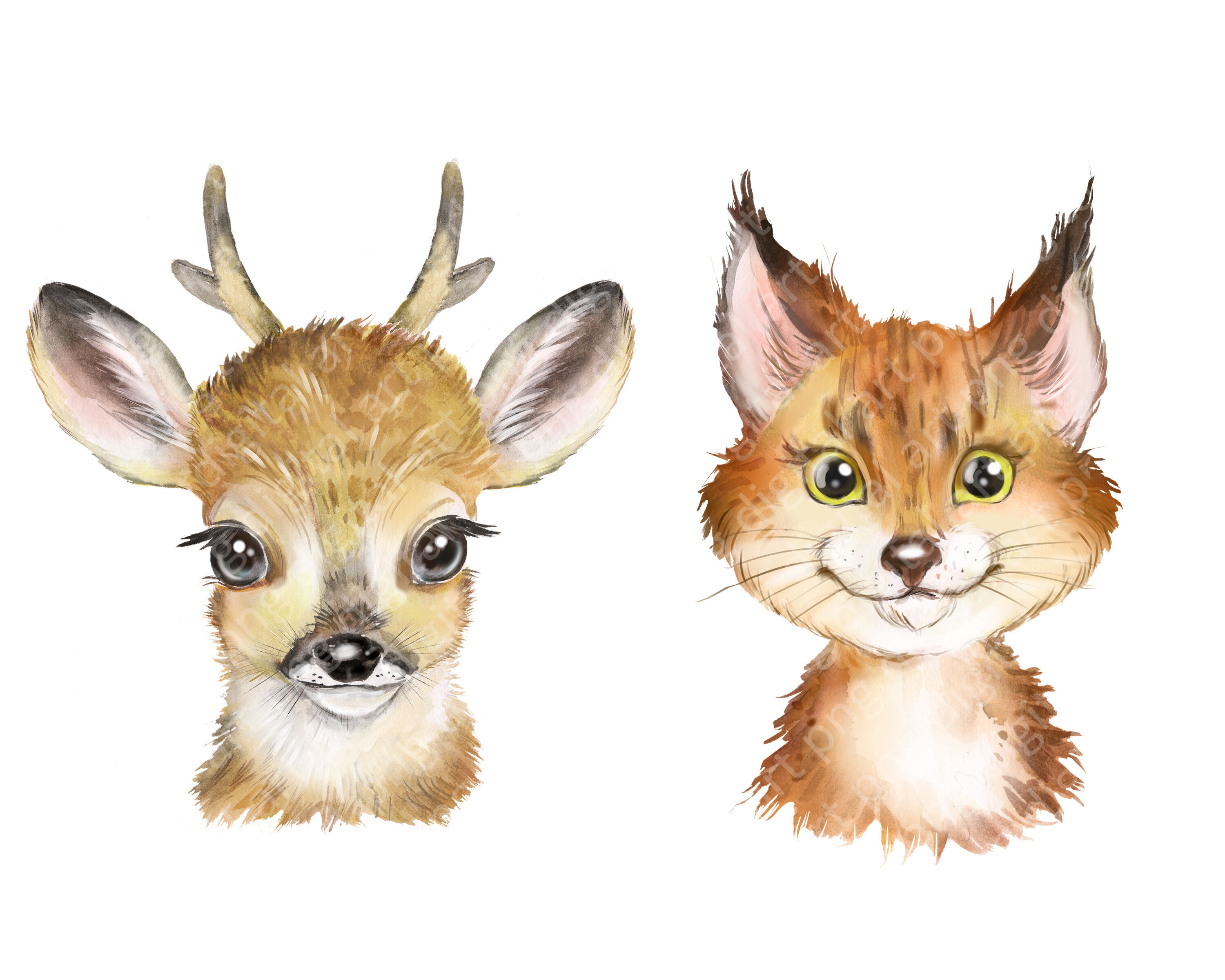 Woodland animals watercolor clipart. Forest cute animals portrait By