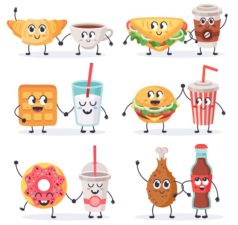 Cartoon food characters. Junk food mascots, sandwich with coffee and d By  WinWin_artlab | TheHungryJPEG