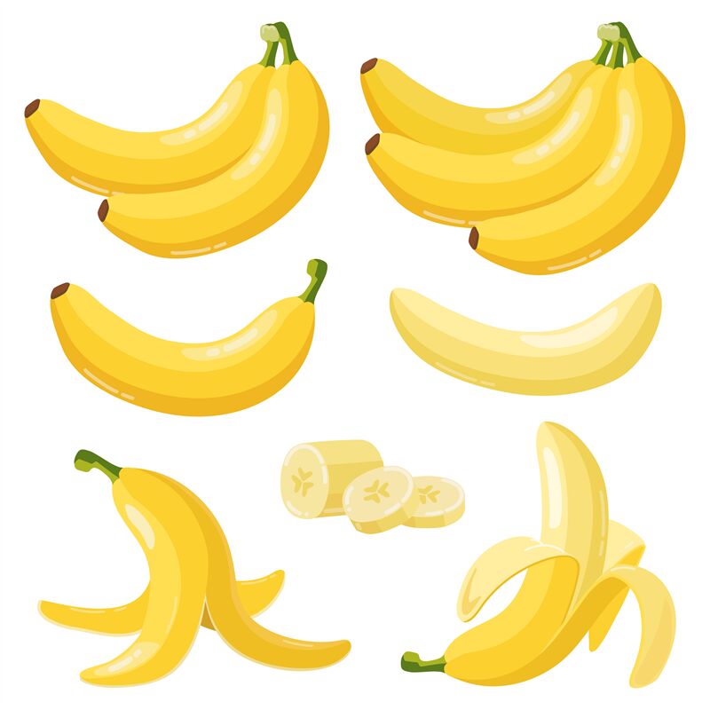 Cartoon bananas. Tropical yellow fruit, peeled banana and bunch of rip By  WinWin_artlab