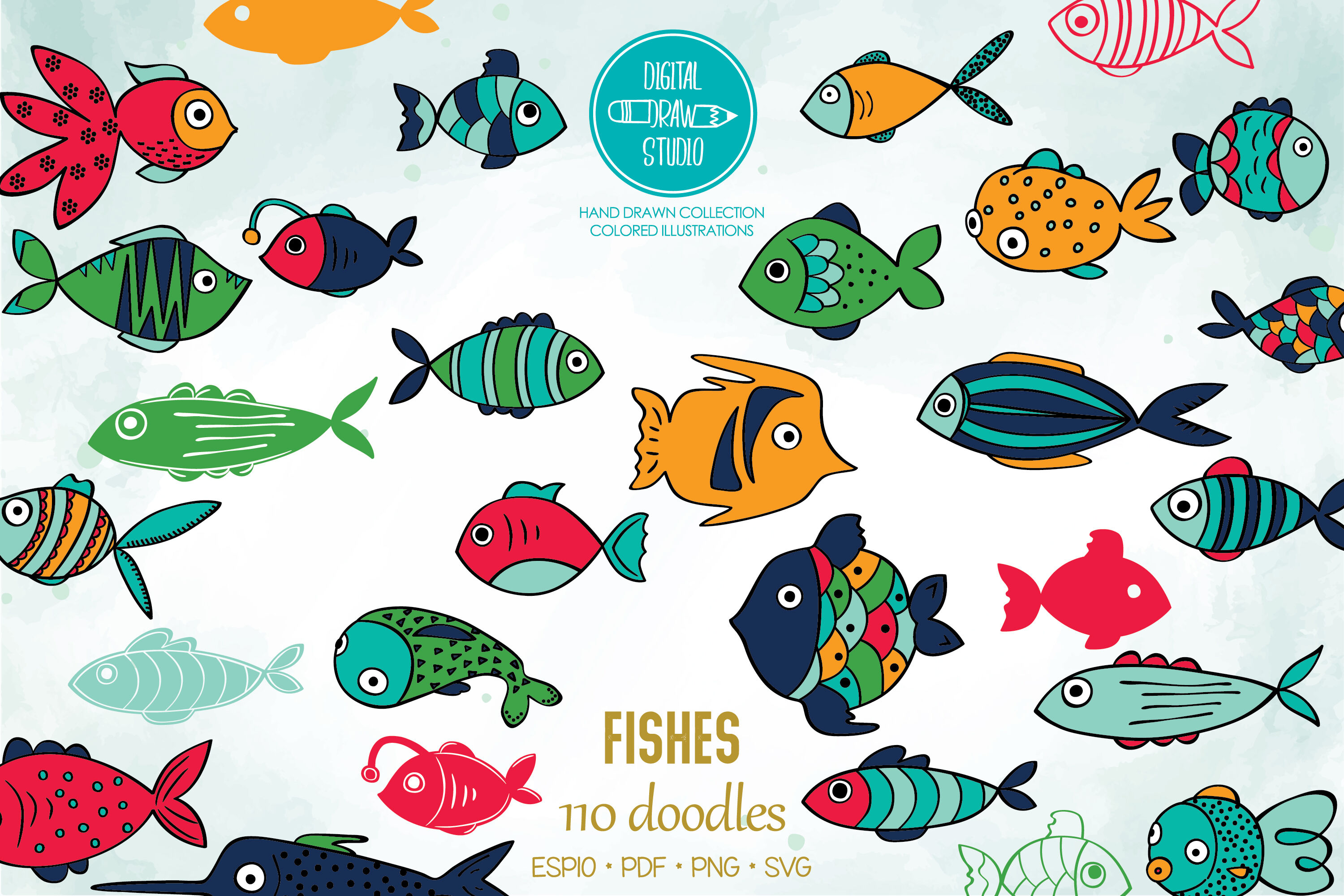 Hand Drawn Colored Fish, Cute Tropical Fishes, Under the Sea By Digital  Draw Studio