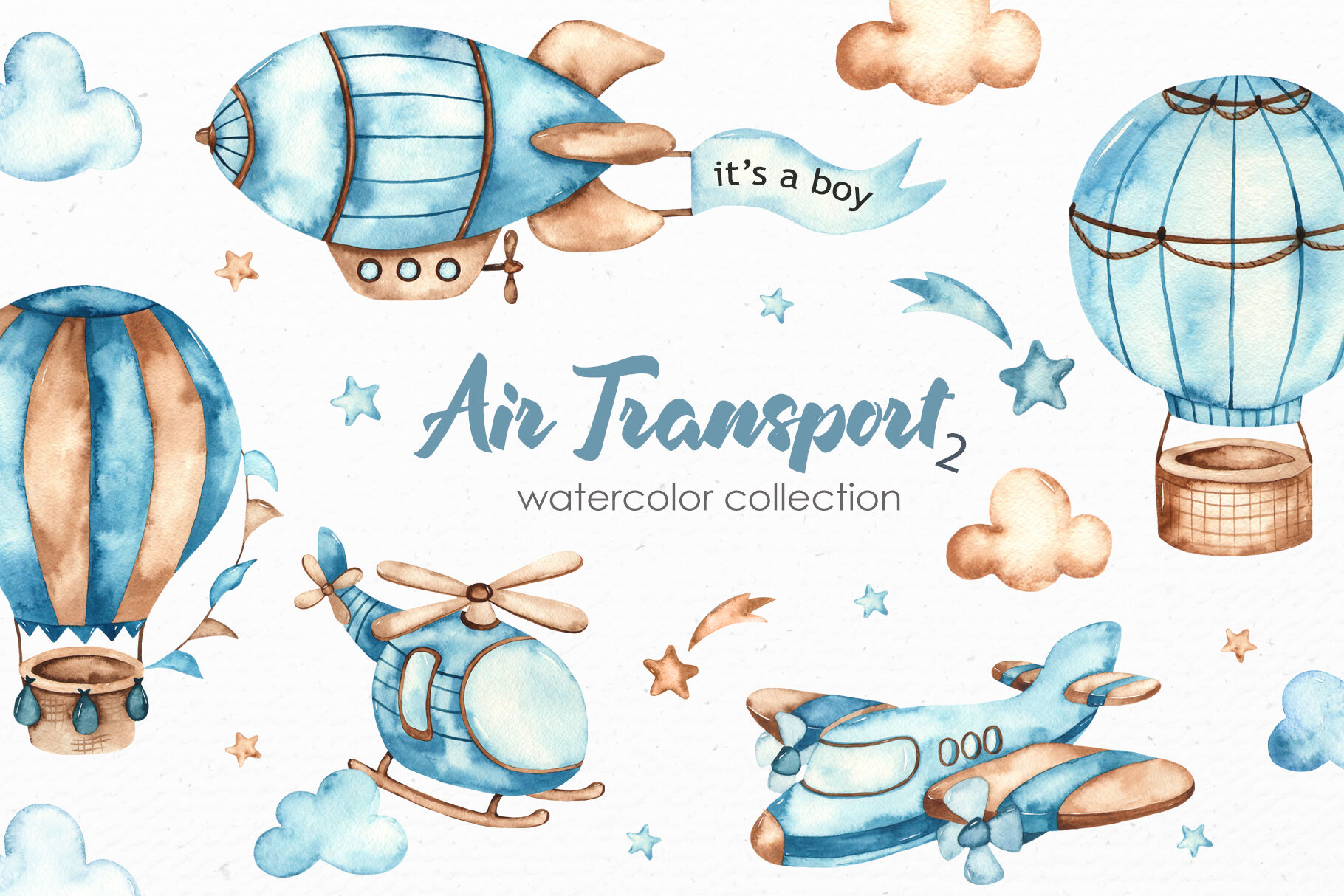 Baby Boy Hot Air Balloon Wreath Watercolor. Baby Shower Clipart Invite.  Nursery Clip Art. Frame Clipart. Scrapbooking, Printable PNG 