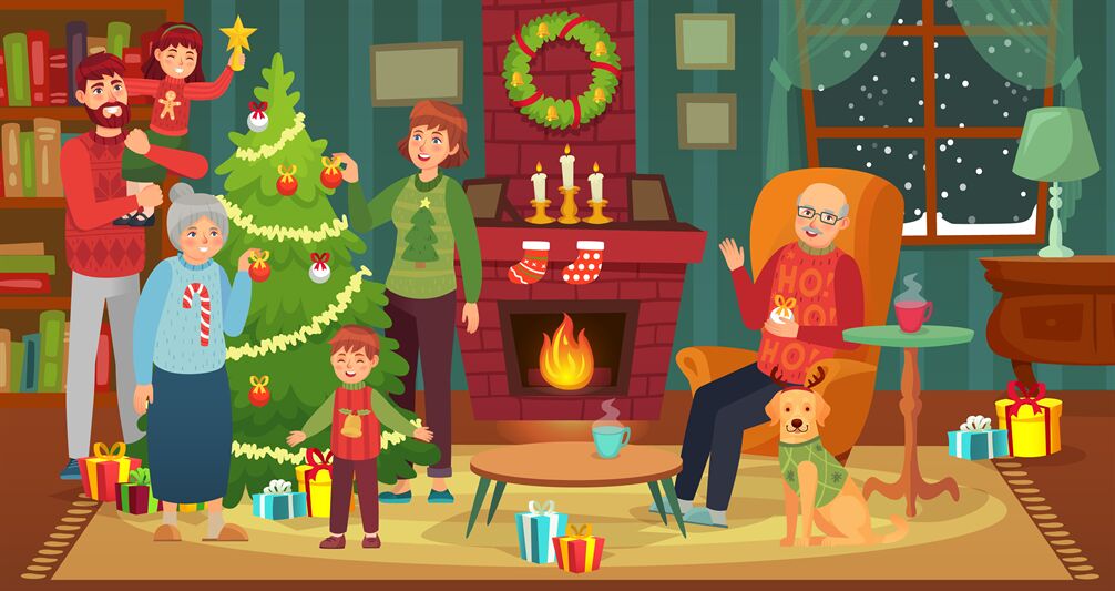 family decorating christmas tree clipart