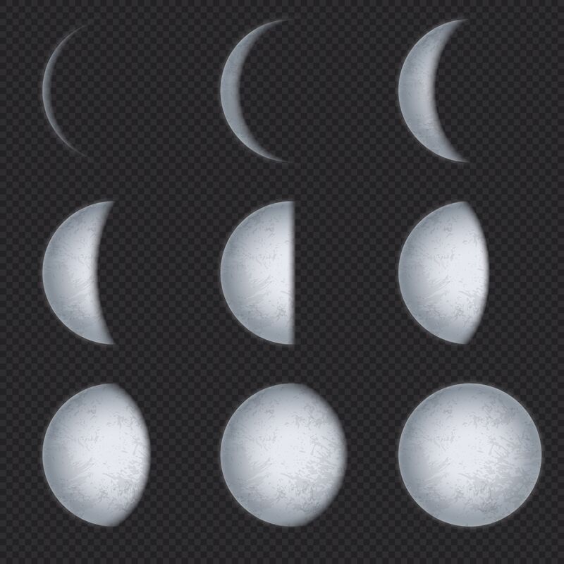 Realistic moon phases. Lunar phase, full luna and new crescent with ni ...