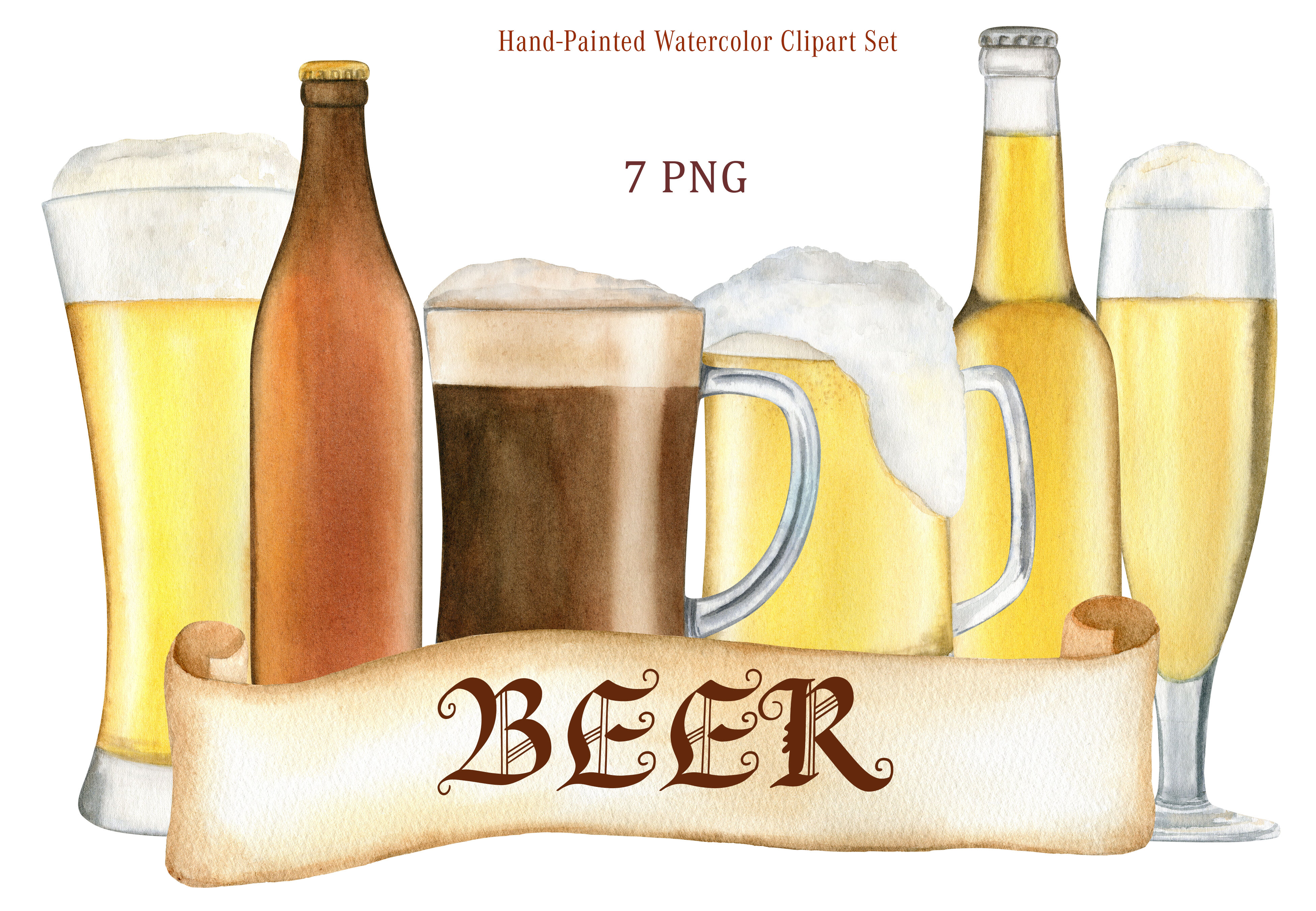 Download Watercolor Beer Clipart Hand Drawn Cold Beer Glass Mug And Bottle By Svetlana Sintcova Thehungryjpeg Com