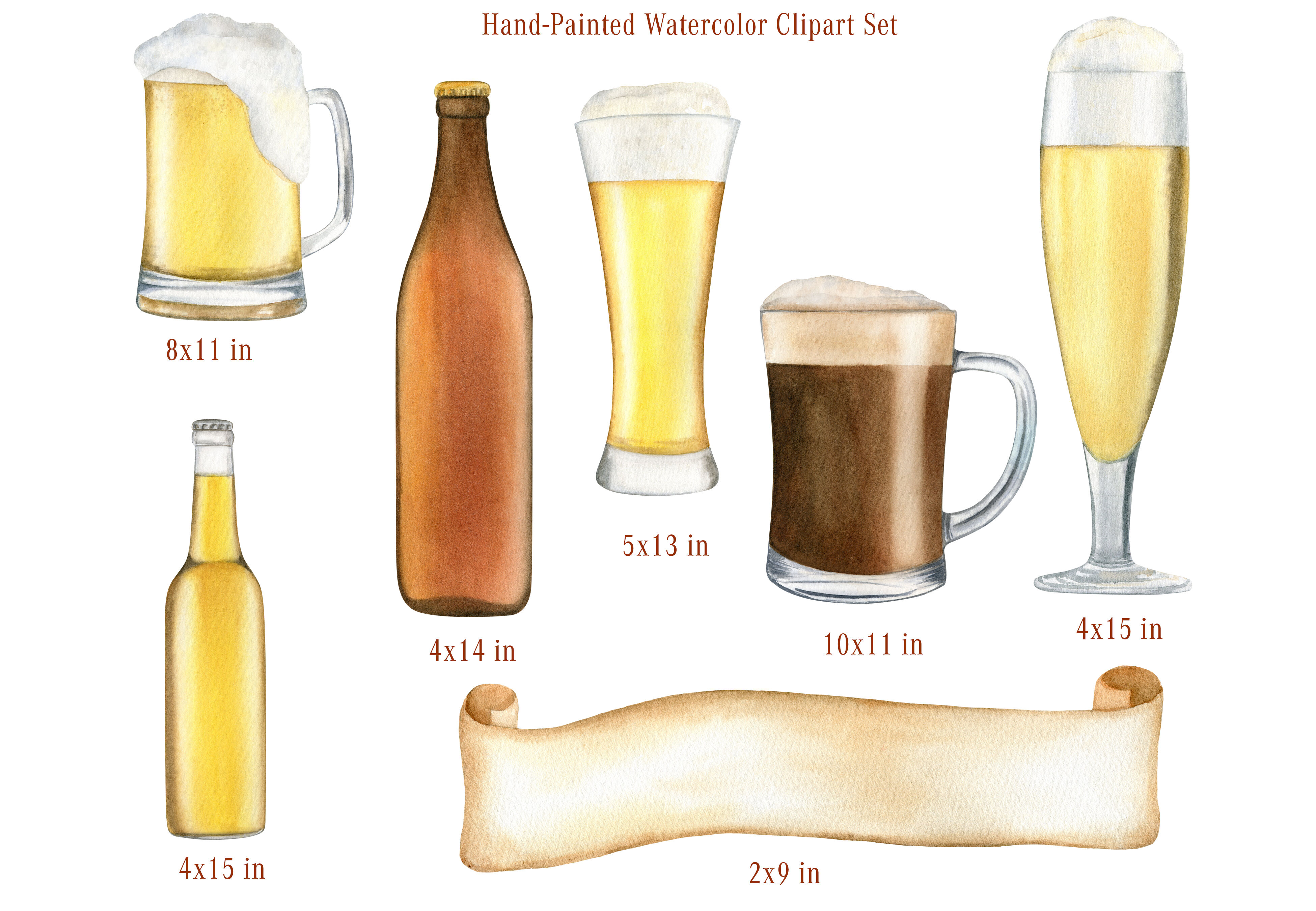 Watercolor Beer Clipart Hand Drawn Cold Beer Glass Mug And Bottle By Svetlana Sintcova Thehungryjpeg Com