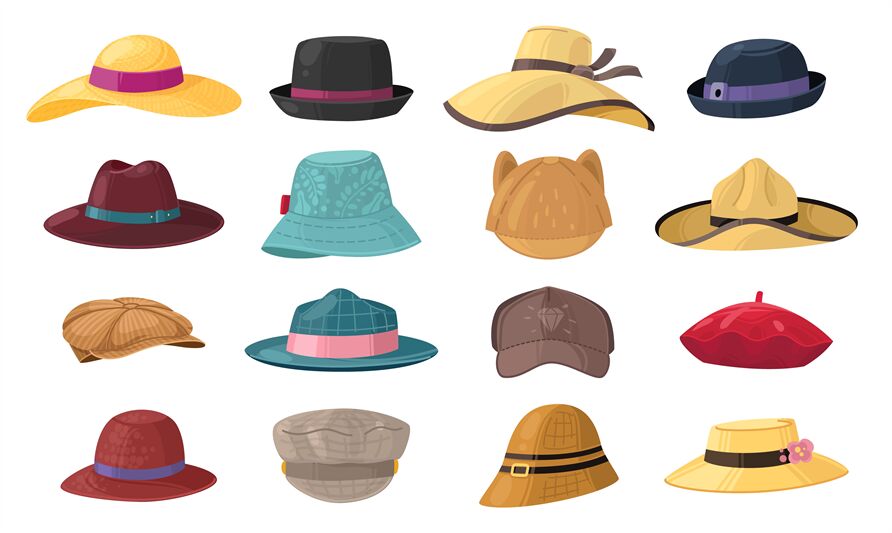 Cartoon hats. Stylish man and woman headwear set, vintage classic and ...