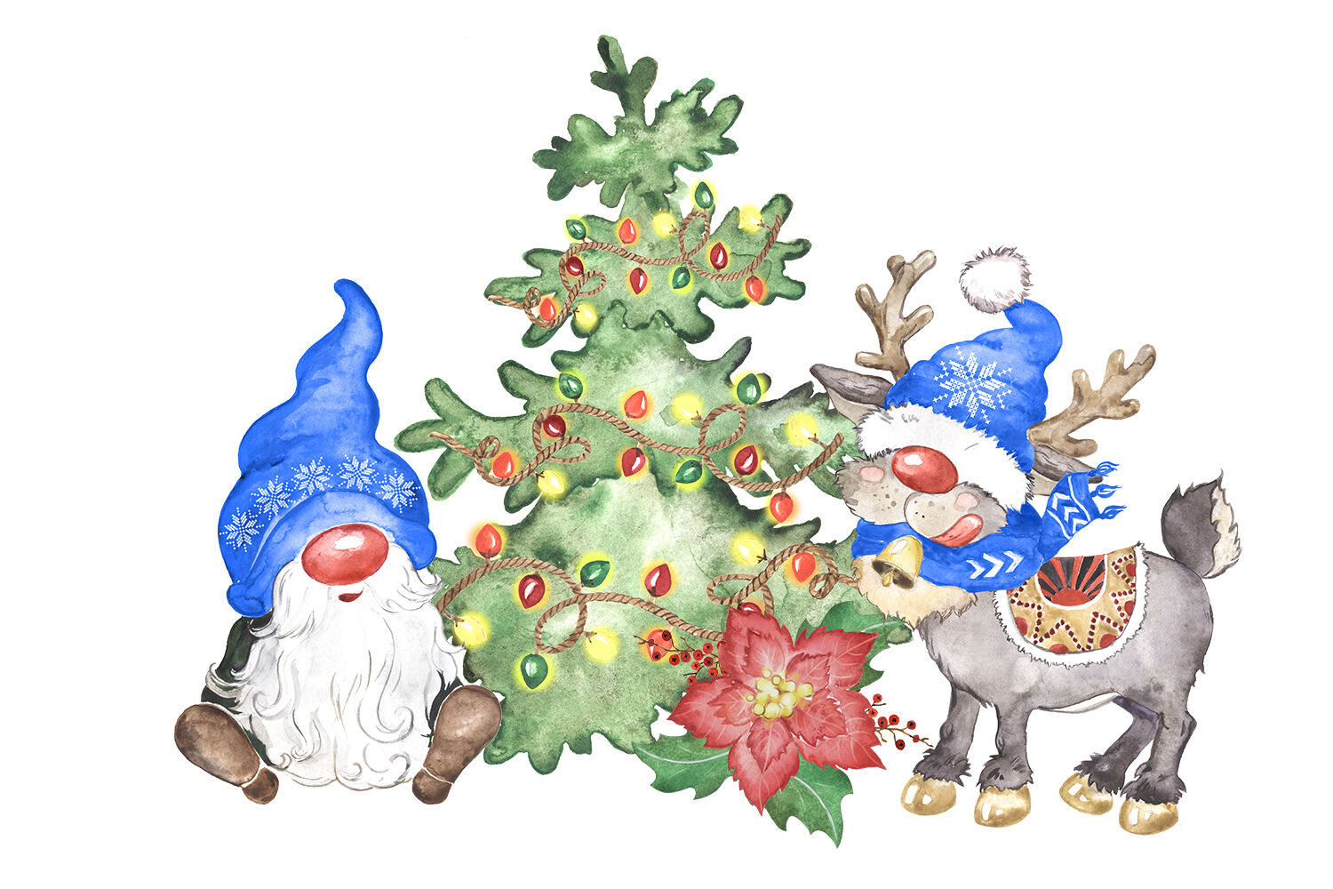 Scandinavian gnome candle holly wreath stocking Watercolor Christmas clipart instant download deer